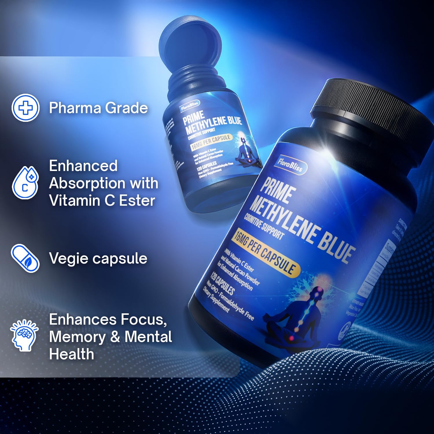 Methylene Blue Capsules - Natural Cacao and Vitamin C Ester for Added Support, Cognitive-Supplement by FreshDrinkUS - Natural and Premium Herbal Tea