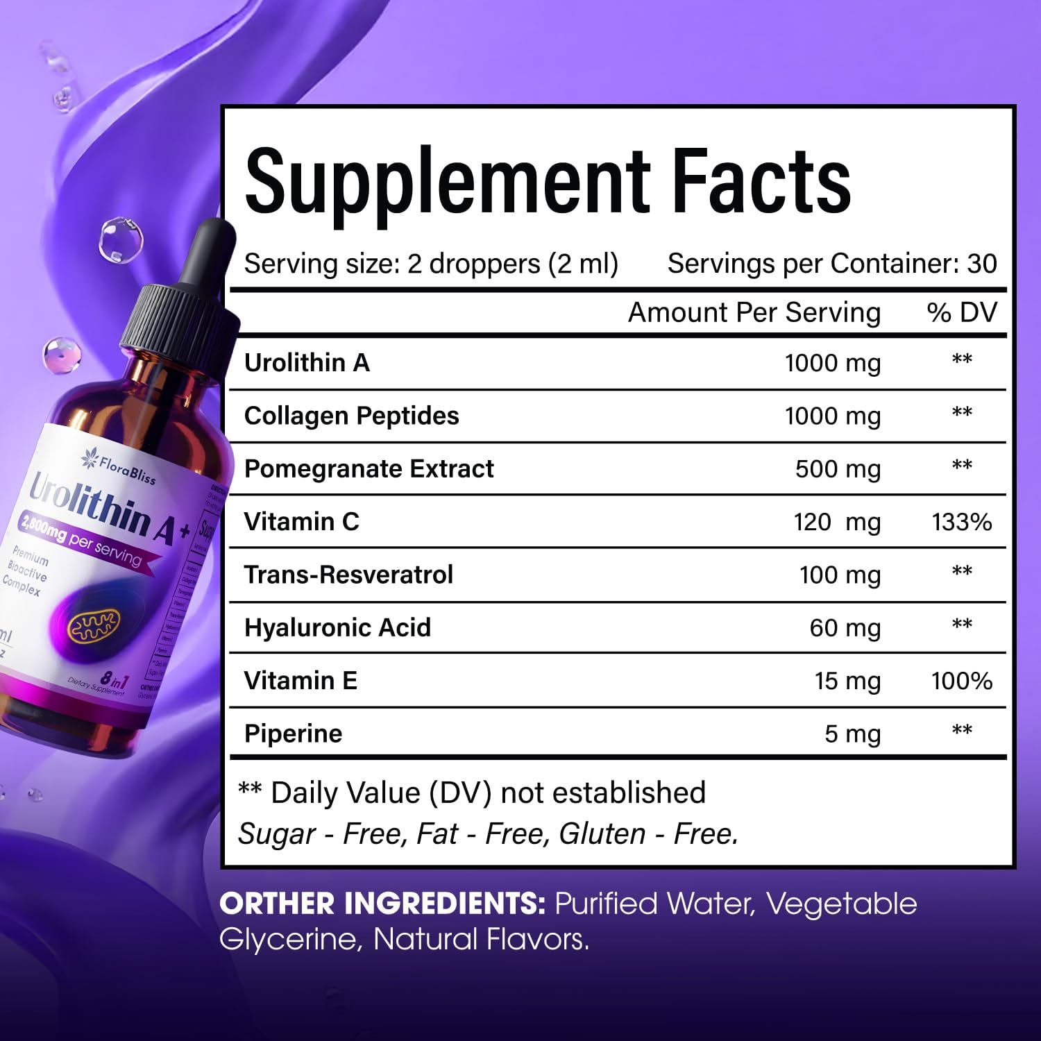 Urolithin A Supplement 2800 mg Liquid Drops | with Trans-Resveratrol, Collagen Peptides, Pomegranate Extract, Hyaluronic Acid, Vitamin E & C by FreshDrinkUS - Natural and Premium Herbal Tea