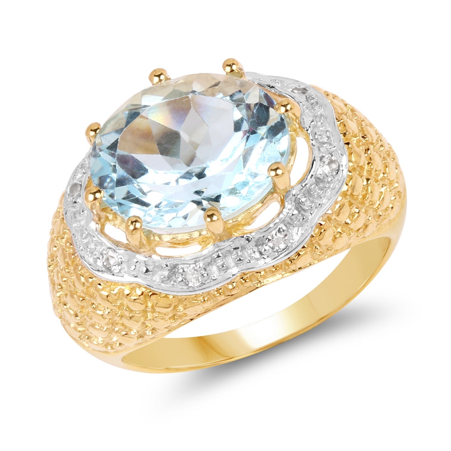 14K Yellow Gold Plated 5.27 Carat Genuine Blue Topaz & White Topaz .925 Sterling Silver Ring DestGlow