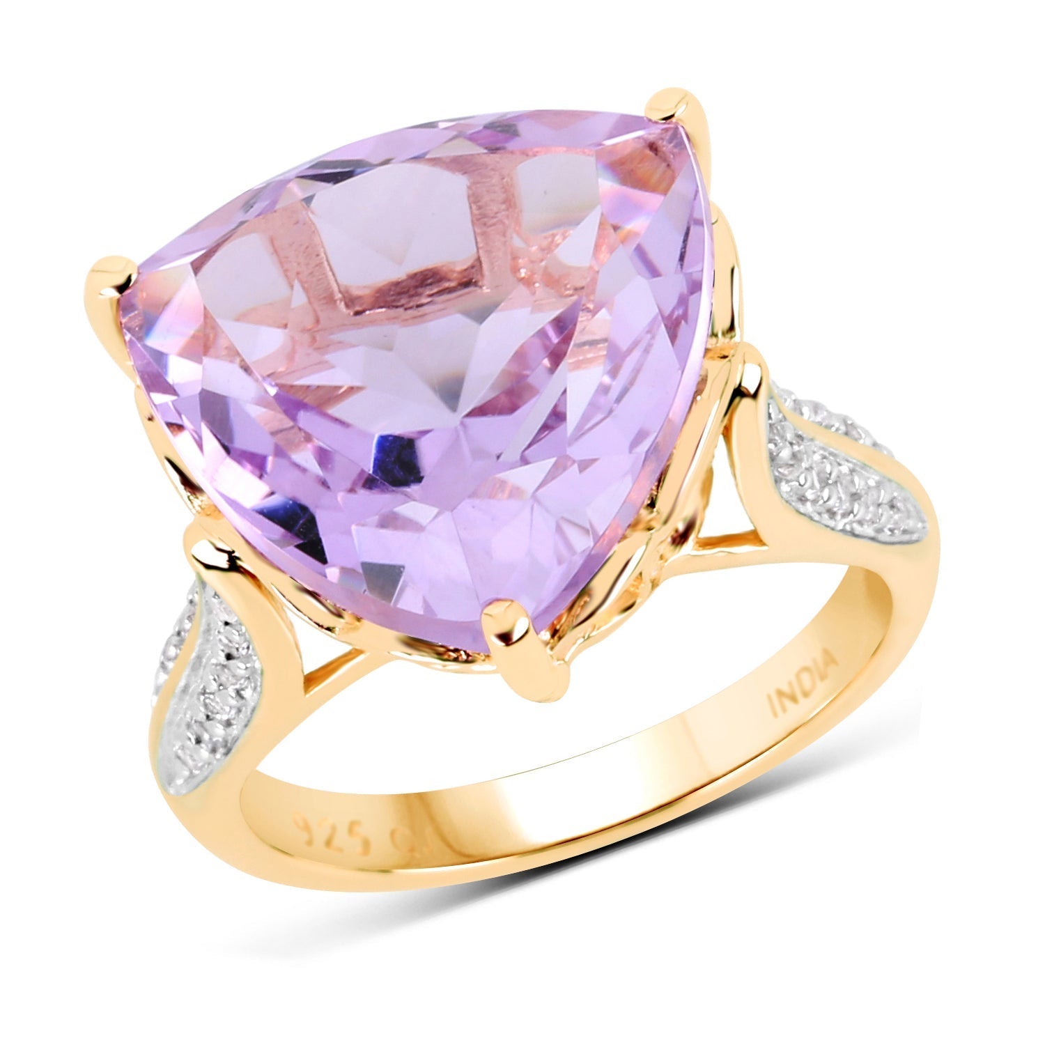 14K Yellow Gold Plated 10.44 Carat Genuine Pink Amethyst and White Topaz .925 Sterling Silver Ring DestGlow