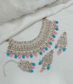 Joban Fashion Pink-Blue Stone With Pearl Work Necklace Set