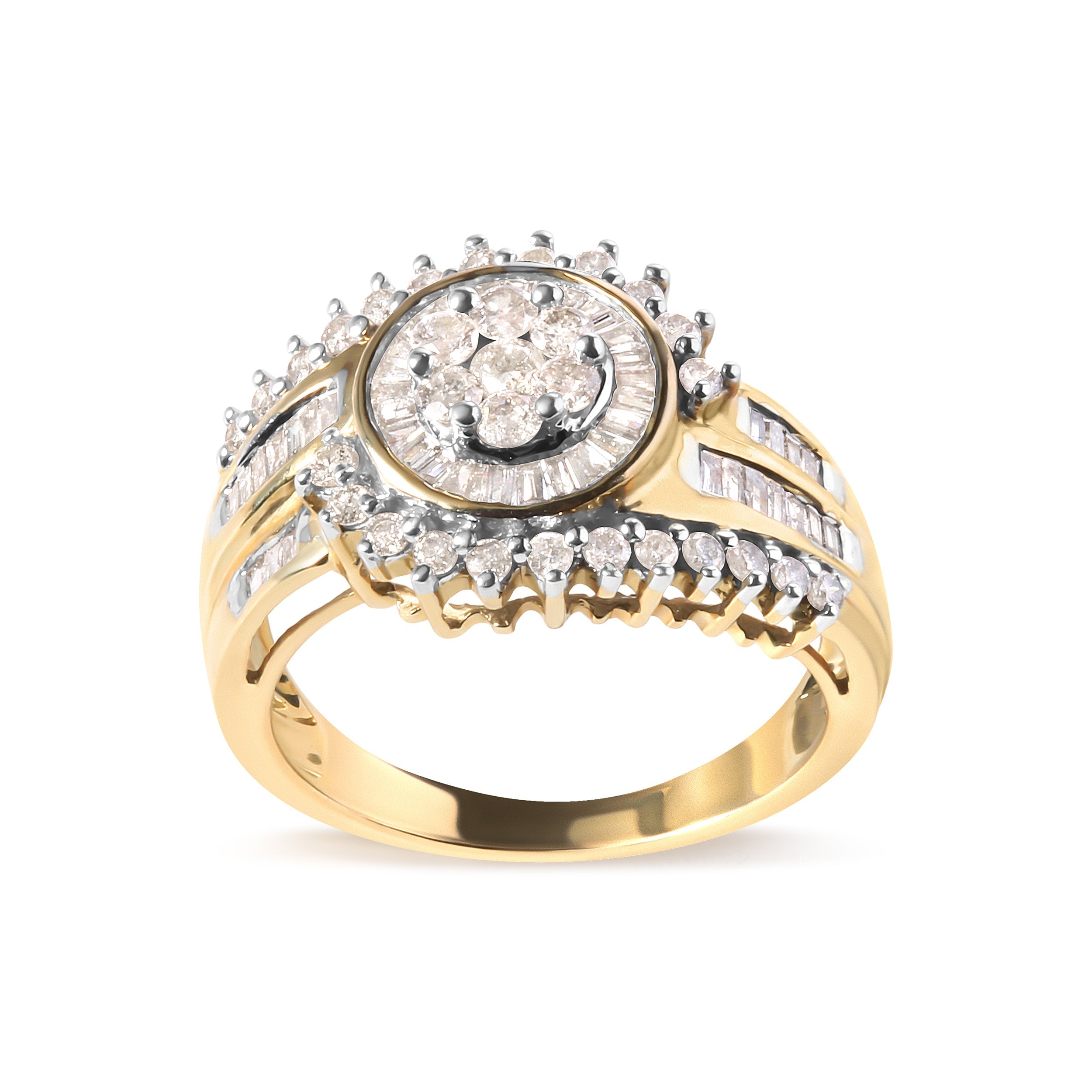 10K Yellow Gold 1 Cttw Round and Baguette cut Diamond Cluster Swirl Band Ring (H-I Color, I1-I2 Clarity) - Ring Size 7 by Bids.com