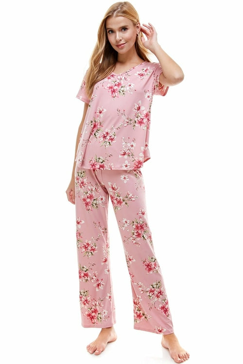 Women's Floral Print Lounge Set - Soft Pajama Top & Pants (Size L)