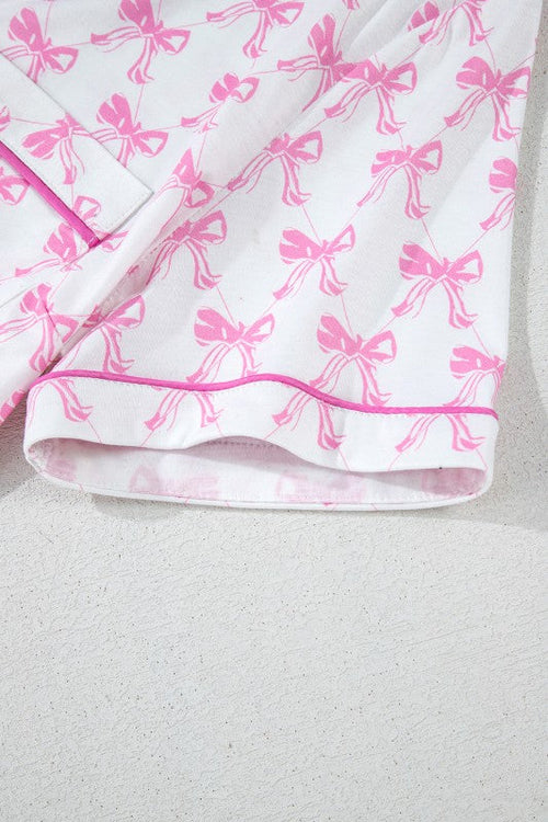 Women's Pink Bow Print Pajama Set - Short Sleeve Top & Ruffled Shorts