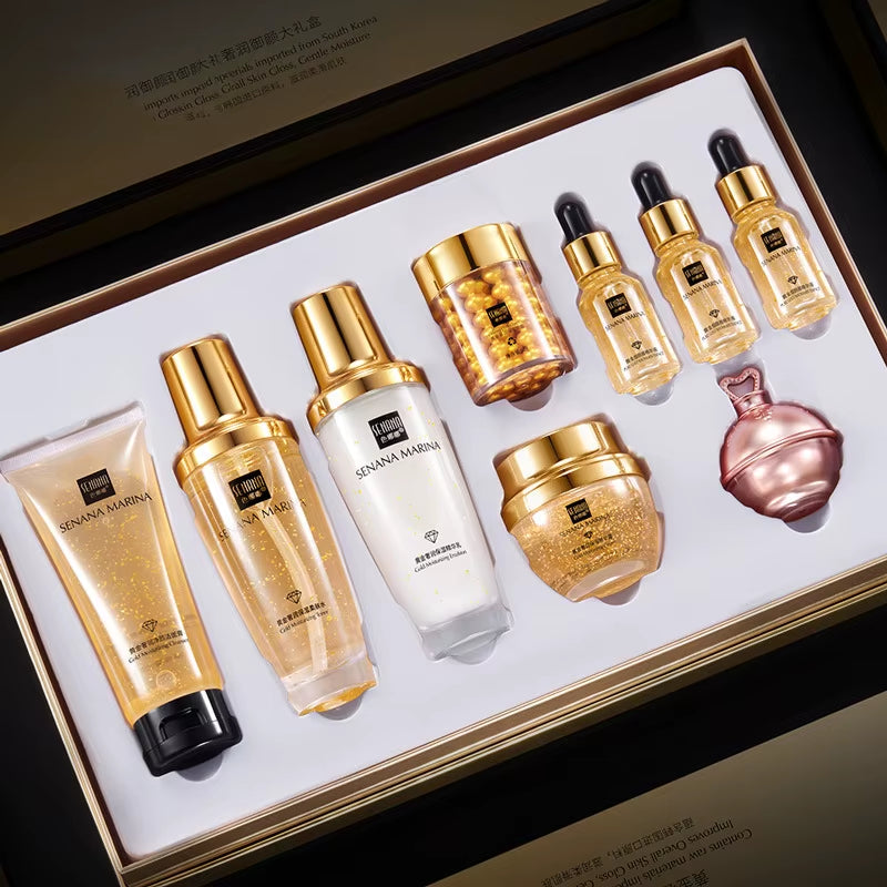 24K Gold Skin Care Set 9PCS with Box Face Toner Essence Cream Nicotinamide Anti-Aging Wrinkles Serum Facial Cleanser Kit by Korean Skin Care