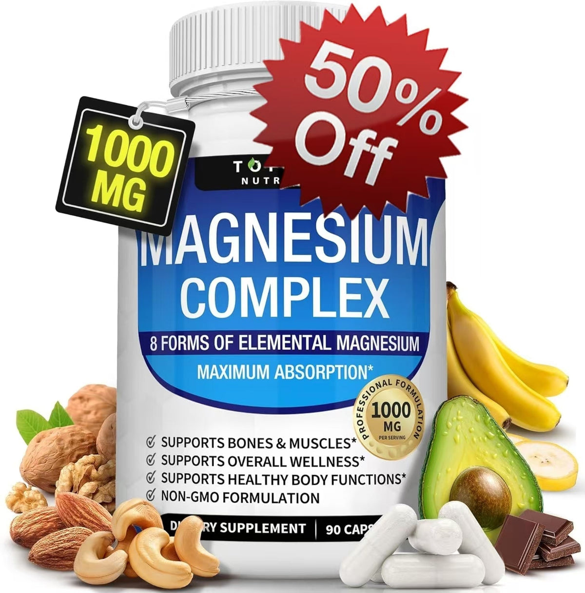 Magnesium Complex Supplement 8 Elemental 1000mg - Magnesium Glycinate, Citrate, Malate, Taurate, Chelated for Easy Absorption for Bones, Muscle, Recovery, Energy, Vegan Non-GMO 90 Capsules DestGlow
