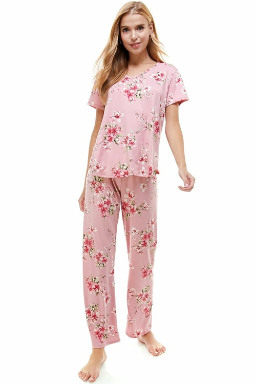 Women's Floral Print Lounge Set - Soft Pajama Top & Pants (Size L)