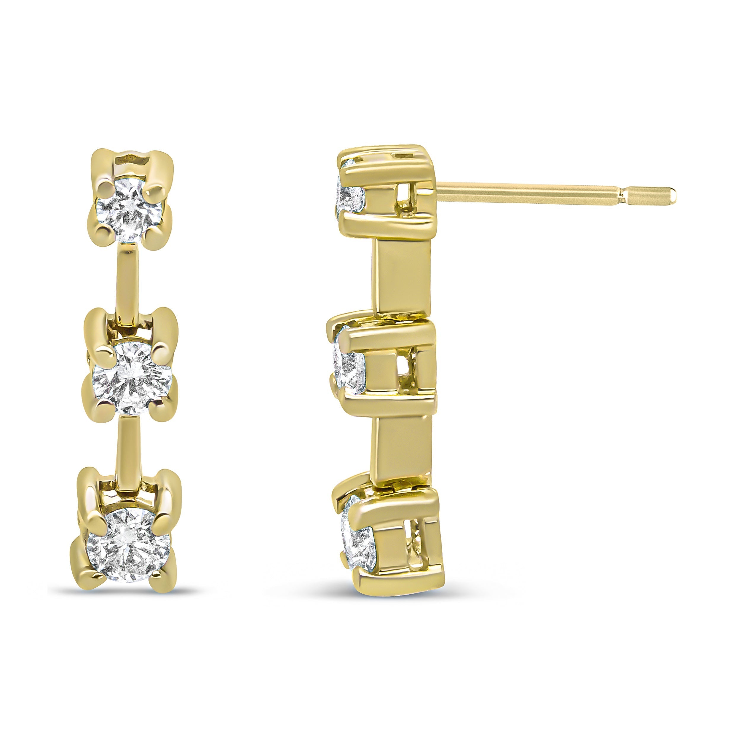 14K Yellow Gold 1/2 Cttw Round Diamond 3 Stone Graduated Linear Drop Past, Present and Future Stud Earrings (H-I Color, SI1-SI2 Clarity) DestGlow