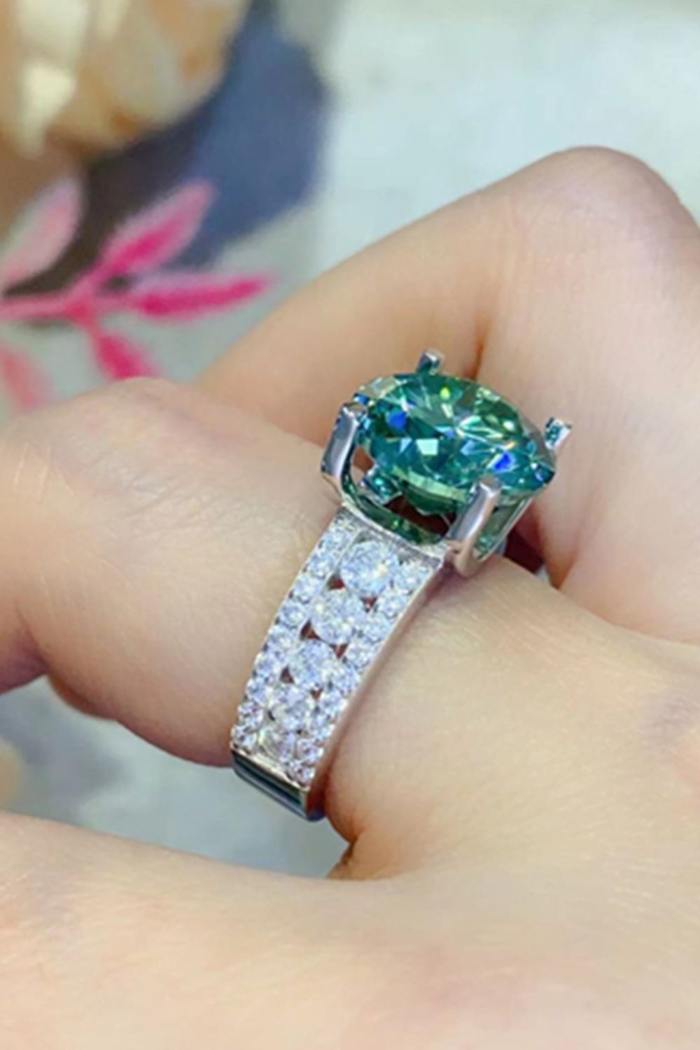 5 Carat Green Brilliant Round Cut Sparkala™ 4-Prong Wide Band Ring by Sparkala