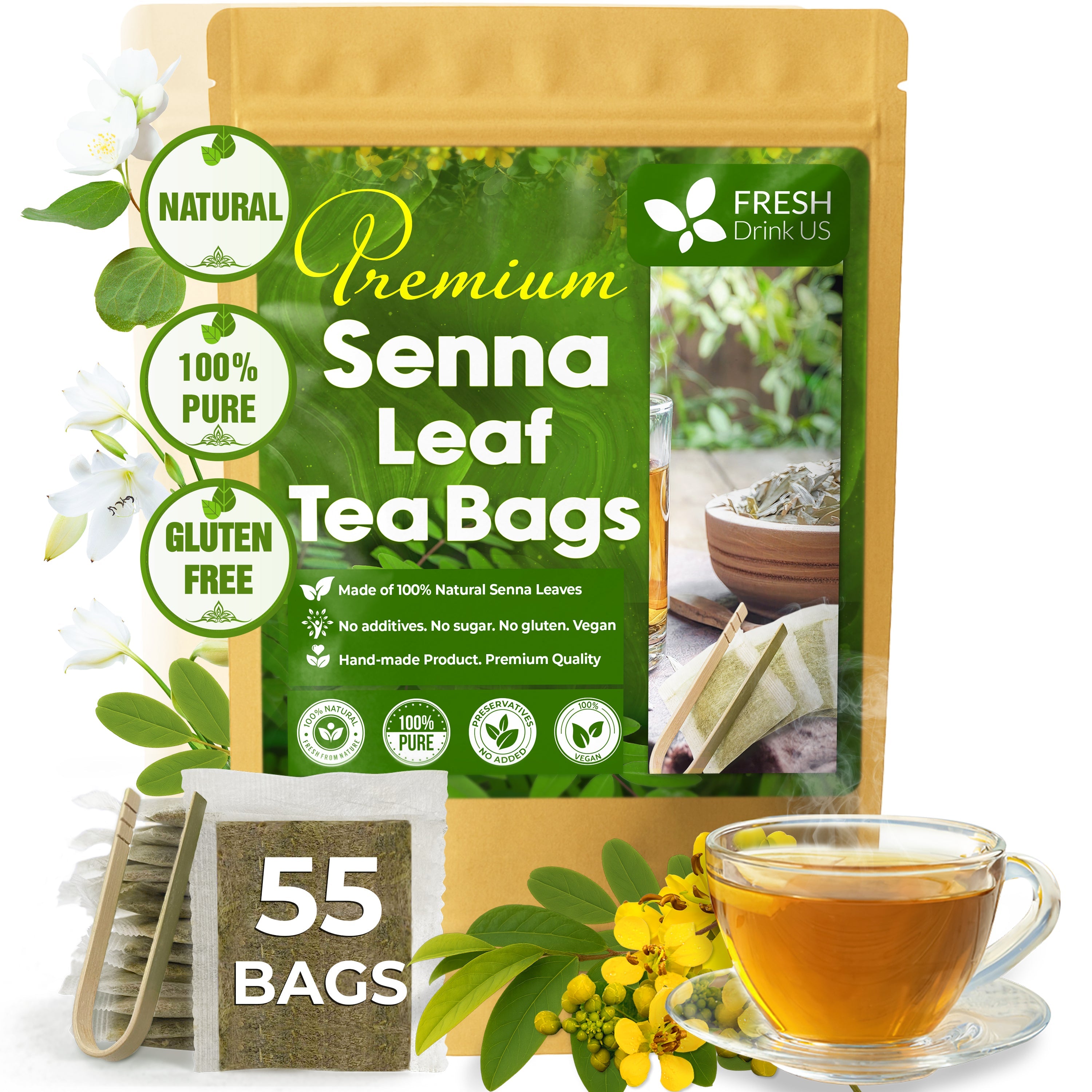 Premium Senna Leaf Tea Bags, 100% Natural & Pure from Senna Leaves. Loose Leaf Senna Herbal Tea, Made with Natural Material Tea Bags, Senna Leaf Tea. No Sugar, No Caffeine, No Gluten, Vegan. by FreshDrinkUS - Natural and Premium Herbal Tea