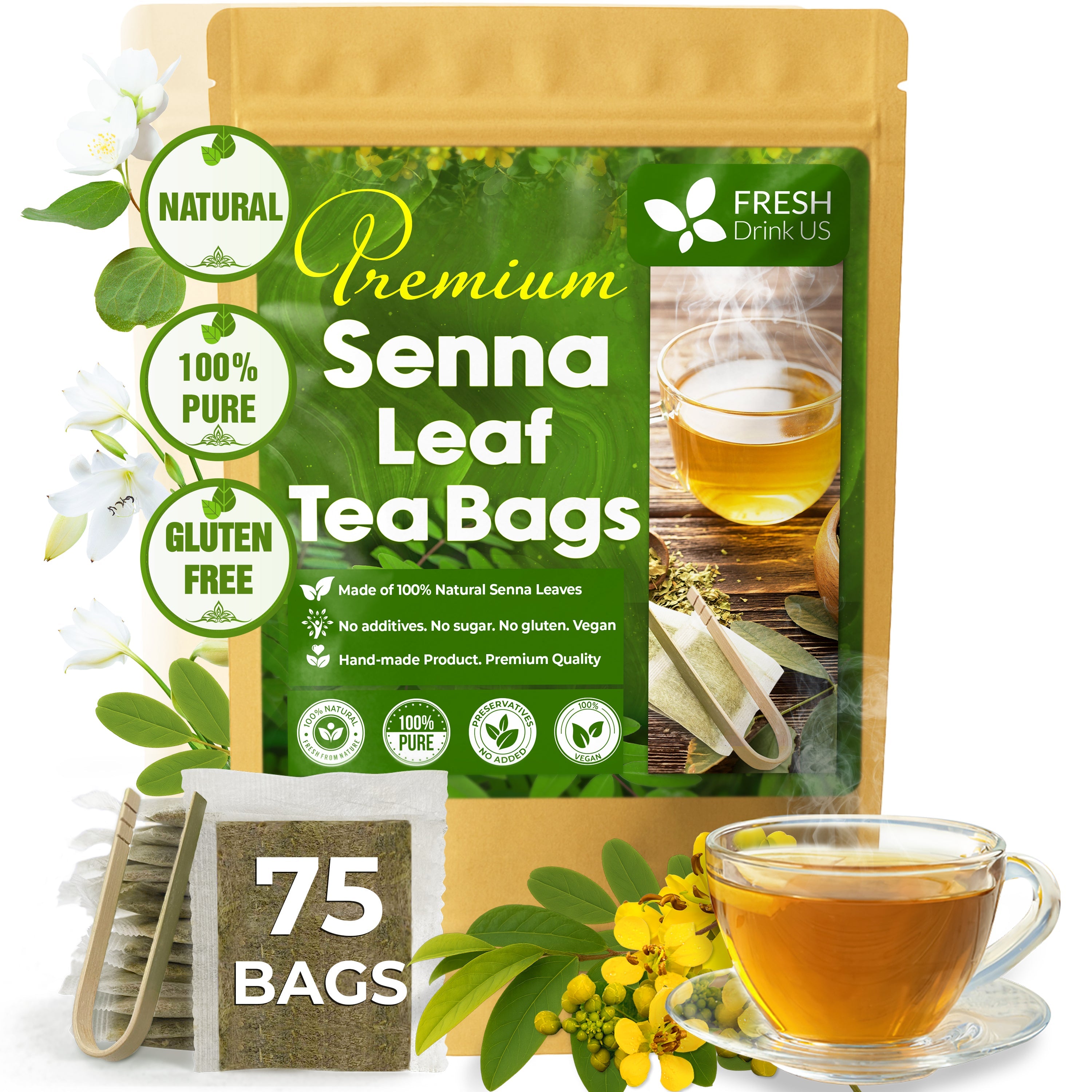 Premium Senna Leaf Tea Bags, 100% Natural & Pure from Senna Leaves. Loose Leaf Senna Herbal Tea, Made with Natural Material Tea Bags, Senna Leaf Tea. No Sugar, No Caffeine, No Gluten, Vegan. by FreshDrinkUS - Natural and Premium Herbal Tea