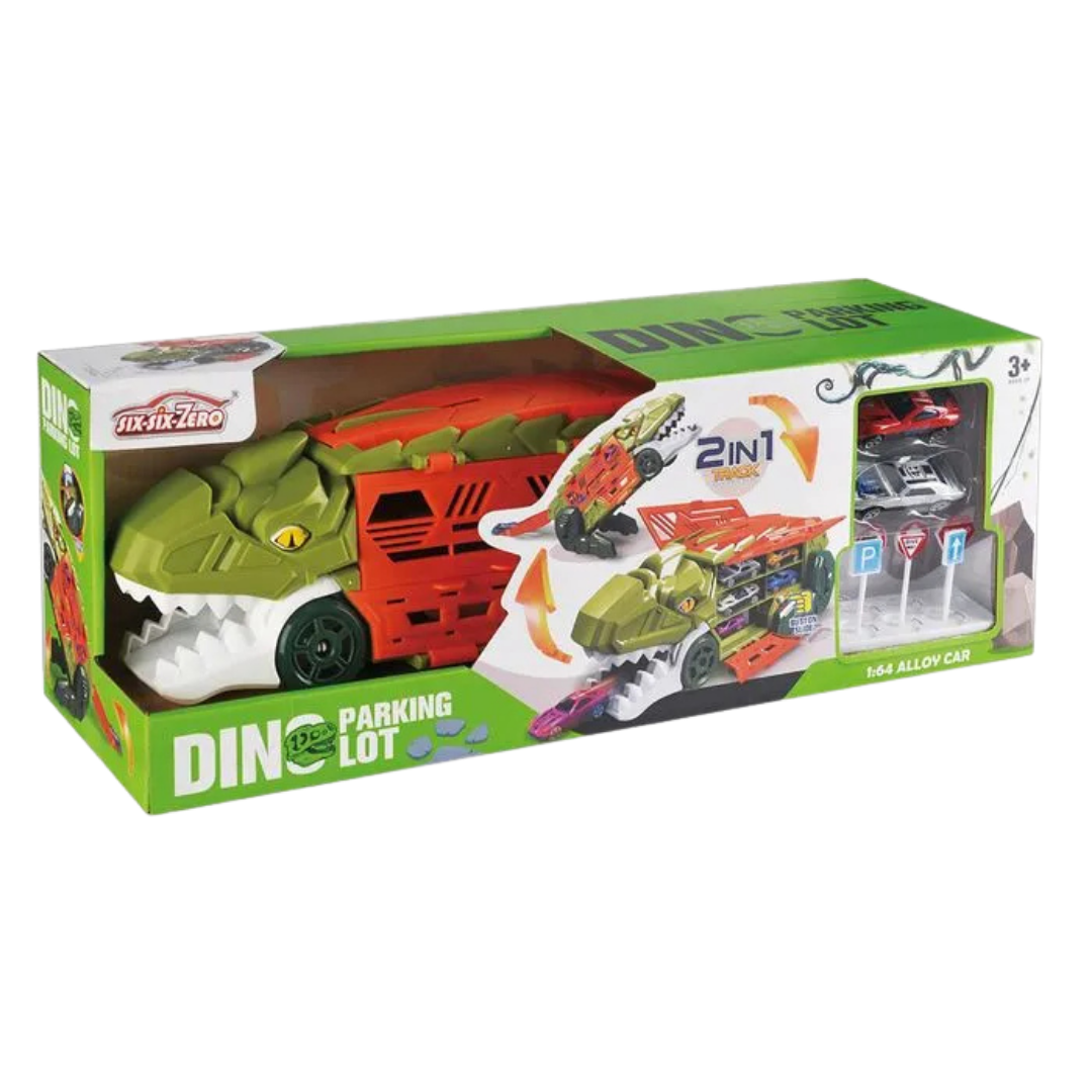 Six Six Zero Dino Parking Lot Playset with 6 Alloy Cars (Green T-Rex) DestGlow