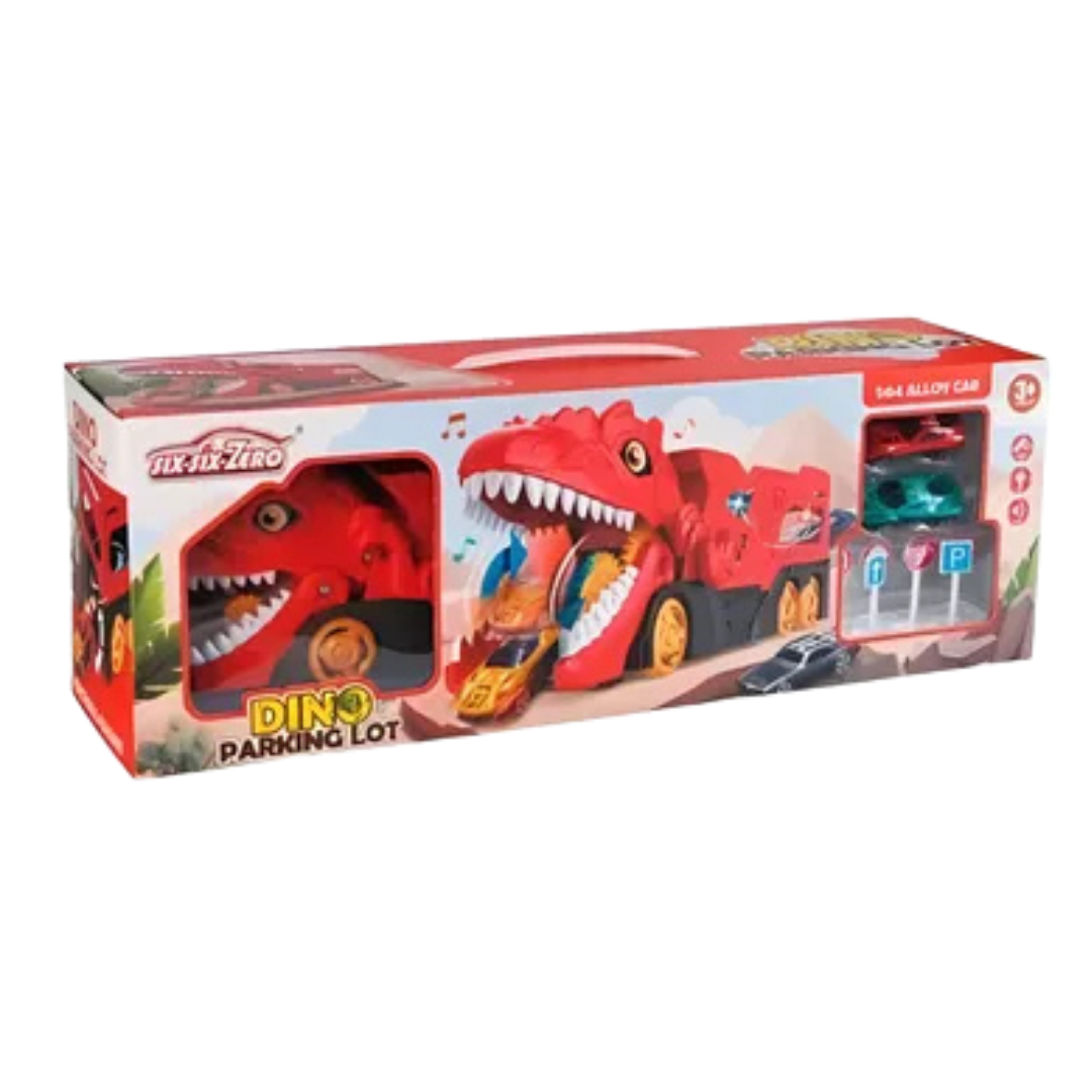 Six Six Zero Dino Parking Lot Playset with 6 Cars (Red T-Rex) DestGlow