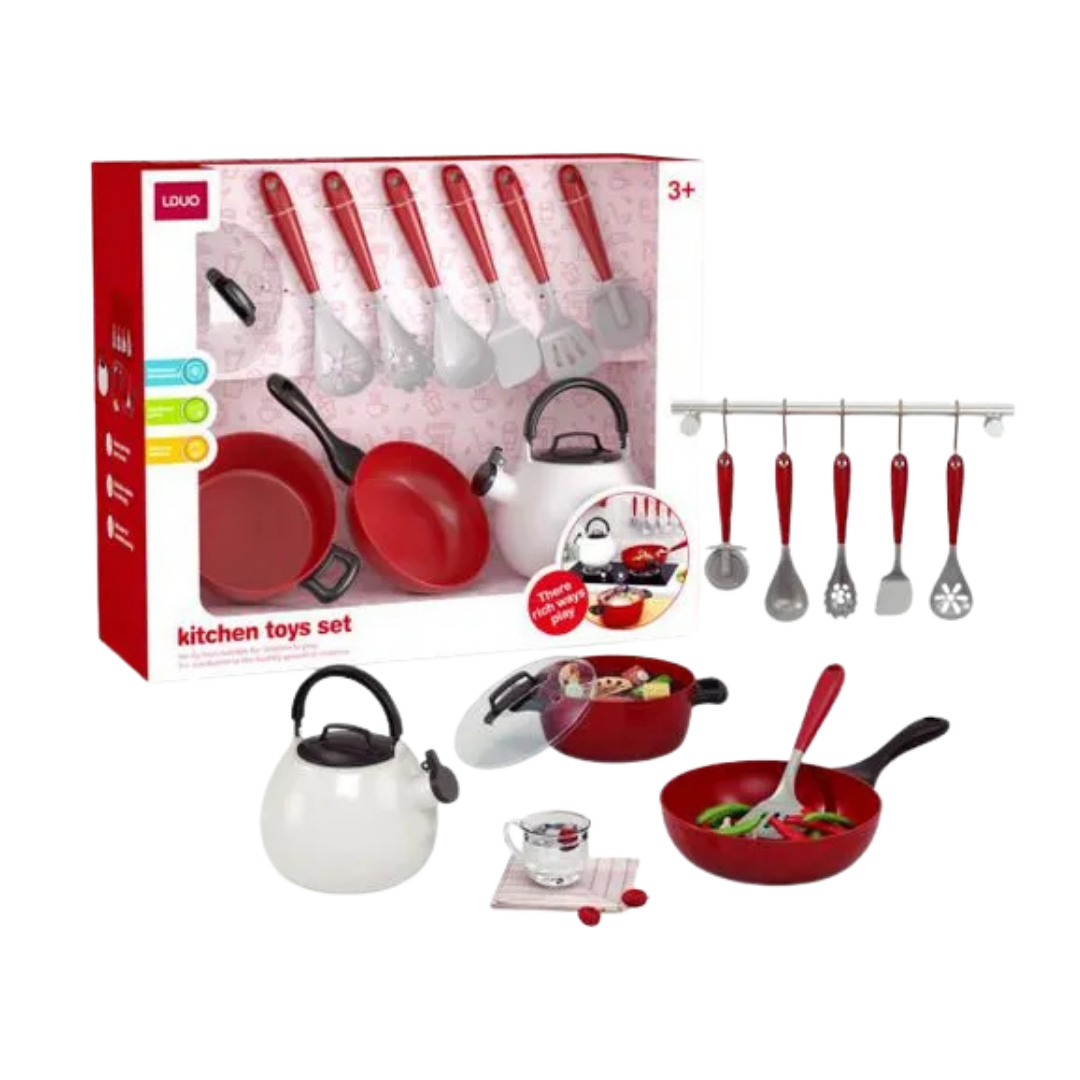 Kids Kitchen Toy Set Red Cookware and Utensils with Kettle and Pans DestGlow