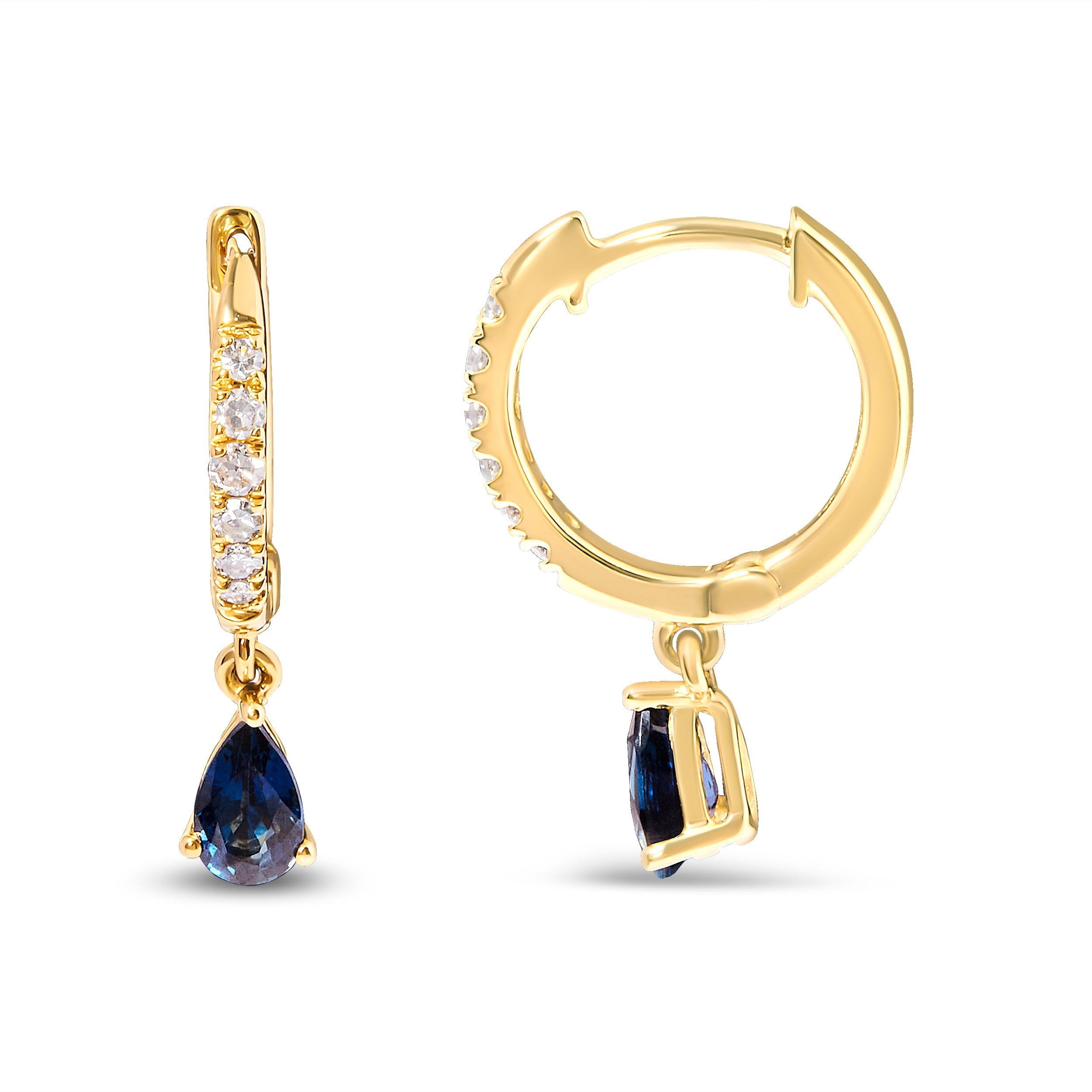 10K Yellow Gold Pear Blue Sapphire and 1/10 Cttw Diamond Drop and Dangle Huggy Hoop Earrings (H-I Color, I1-I2 Clarity) DestGlow