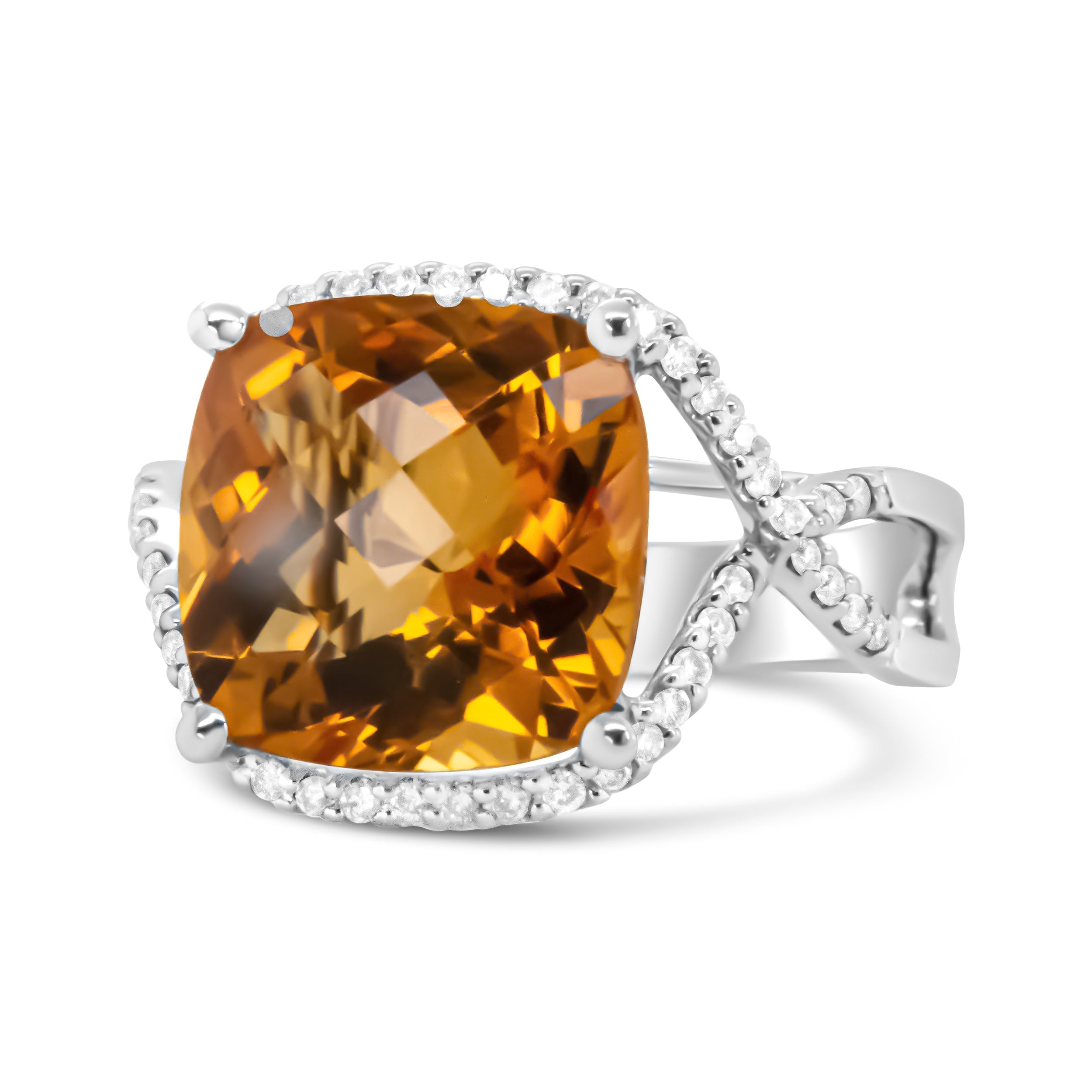 14K White Gold 12mm Cushion Cut Yellow Citrine Gemstone and 1/3 Cttw Round Pave-Set Diamond Ring - (H-I Color, VS1-VS2 Clarity)- Size 6.5 DestGlow