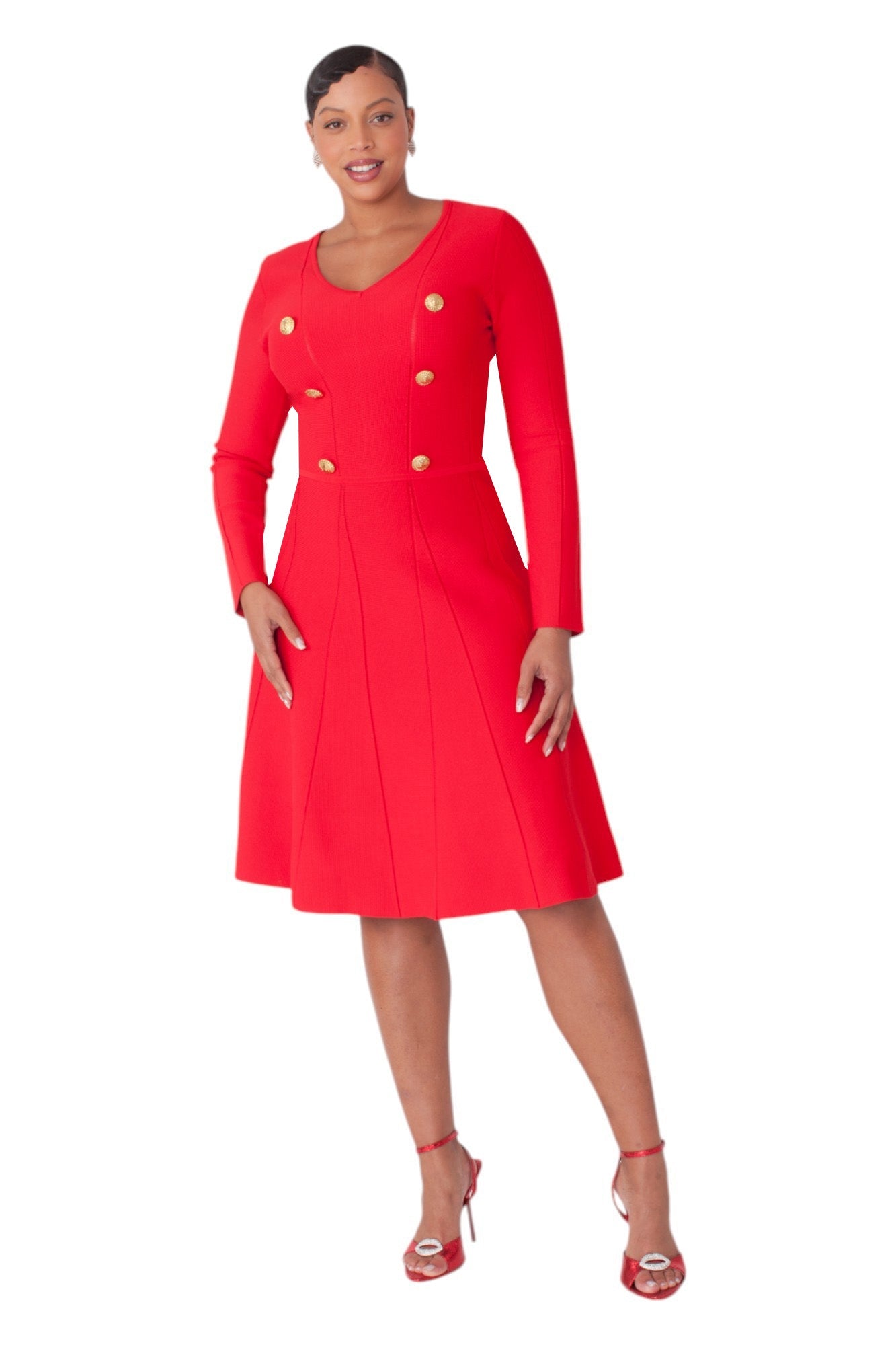 V-Neck Knit Dress with Gold Button Details- 51001 by Tally Taylor