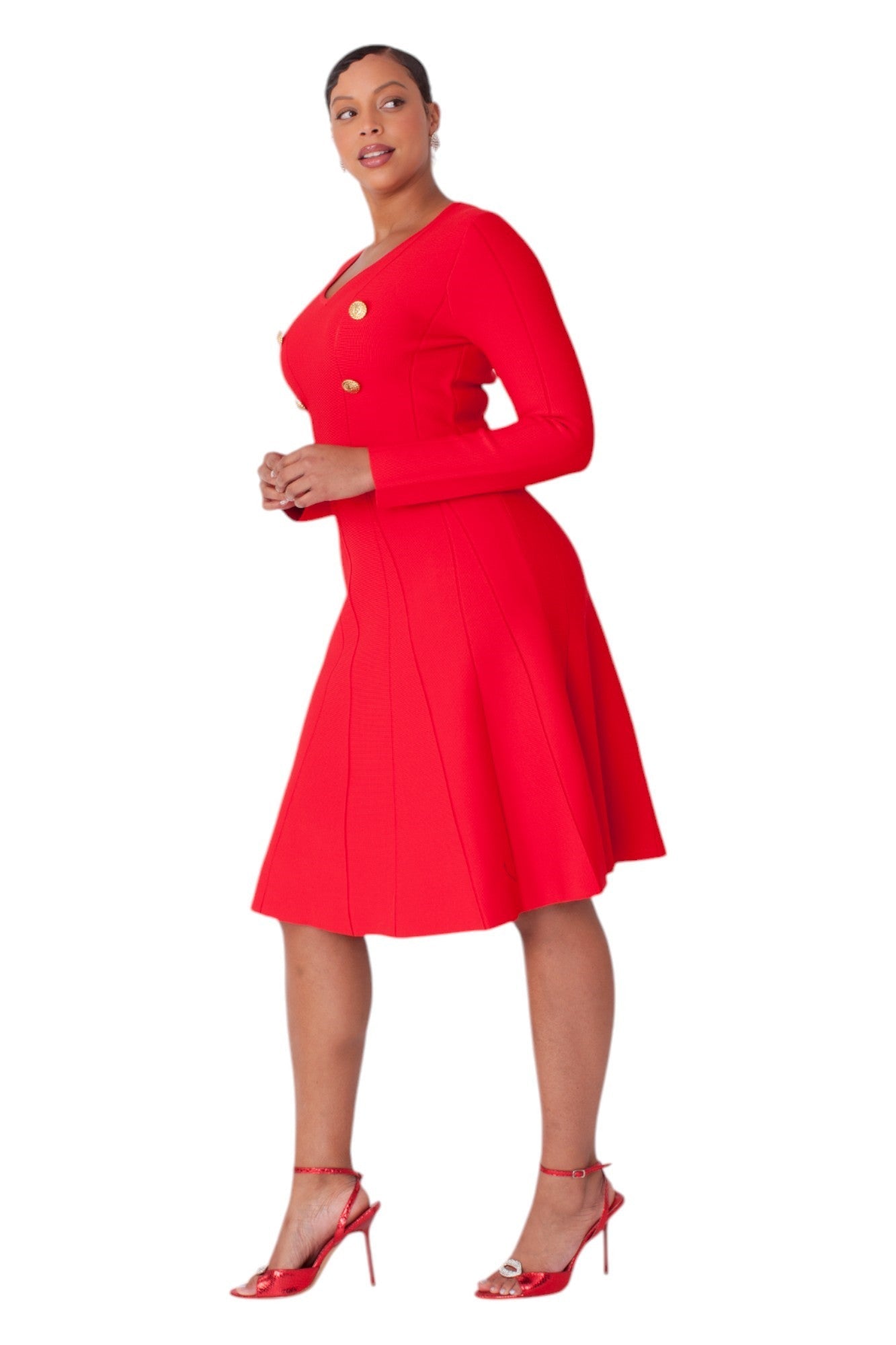V-Neck Knit Dress with Gold Button Details- 51001 by Tally Taylor