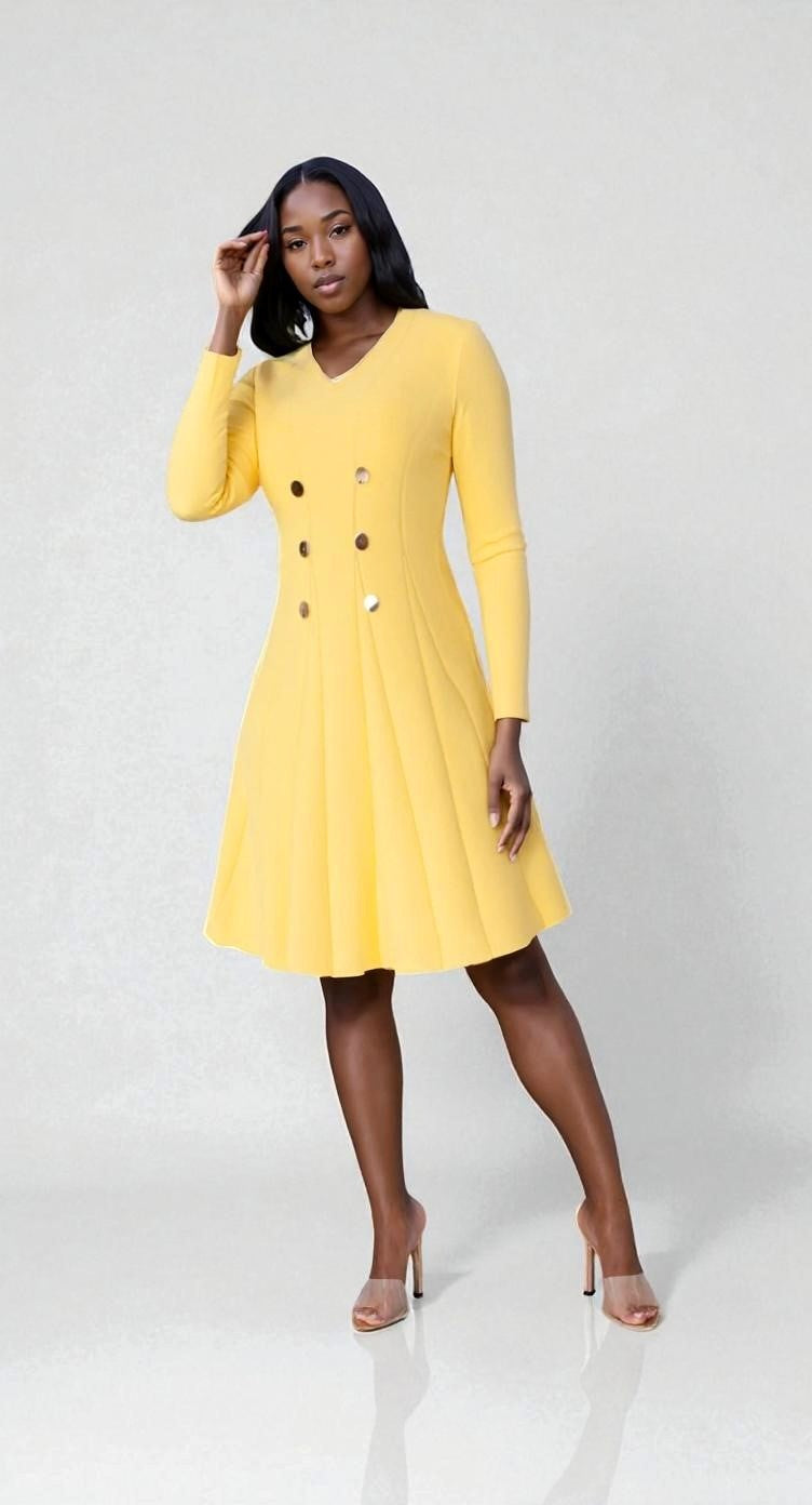 V-Neck Knit Dress with Gold Button Details- 51001 by Tally Taylor