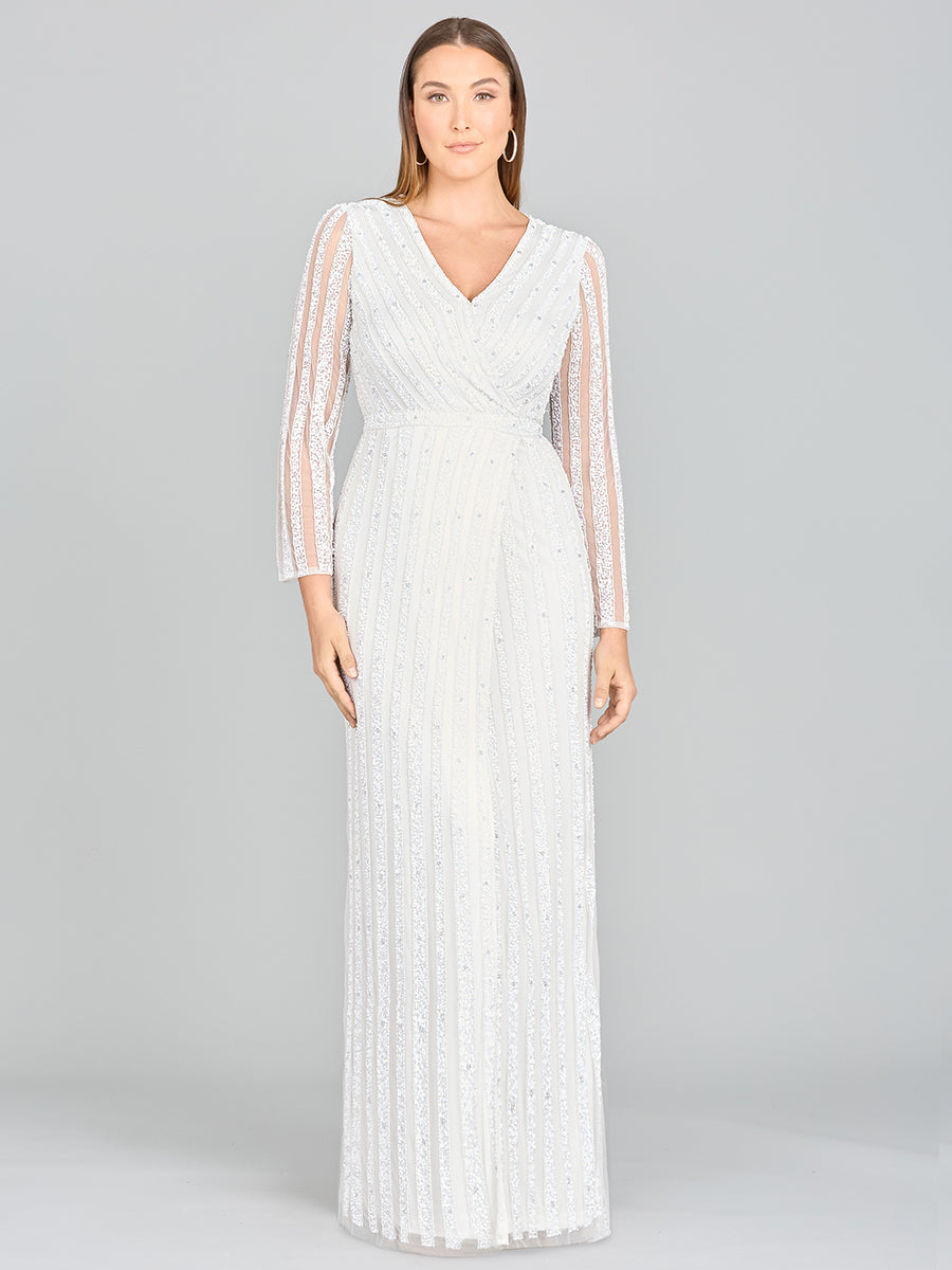 Lara Blair Long-Sleeve Beaded Surplice Sheath Gown by Lara New York