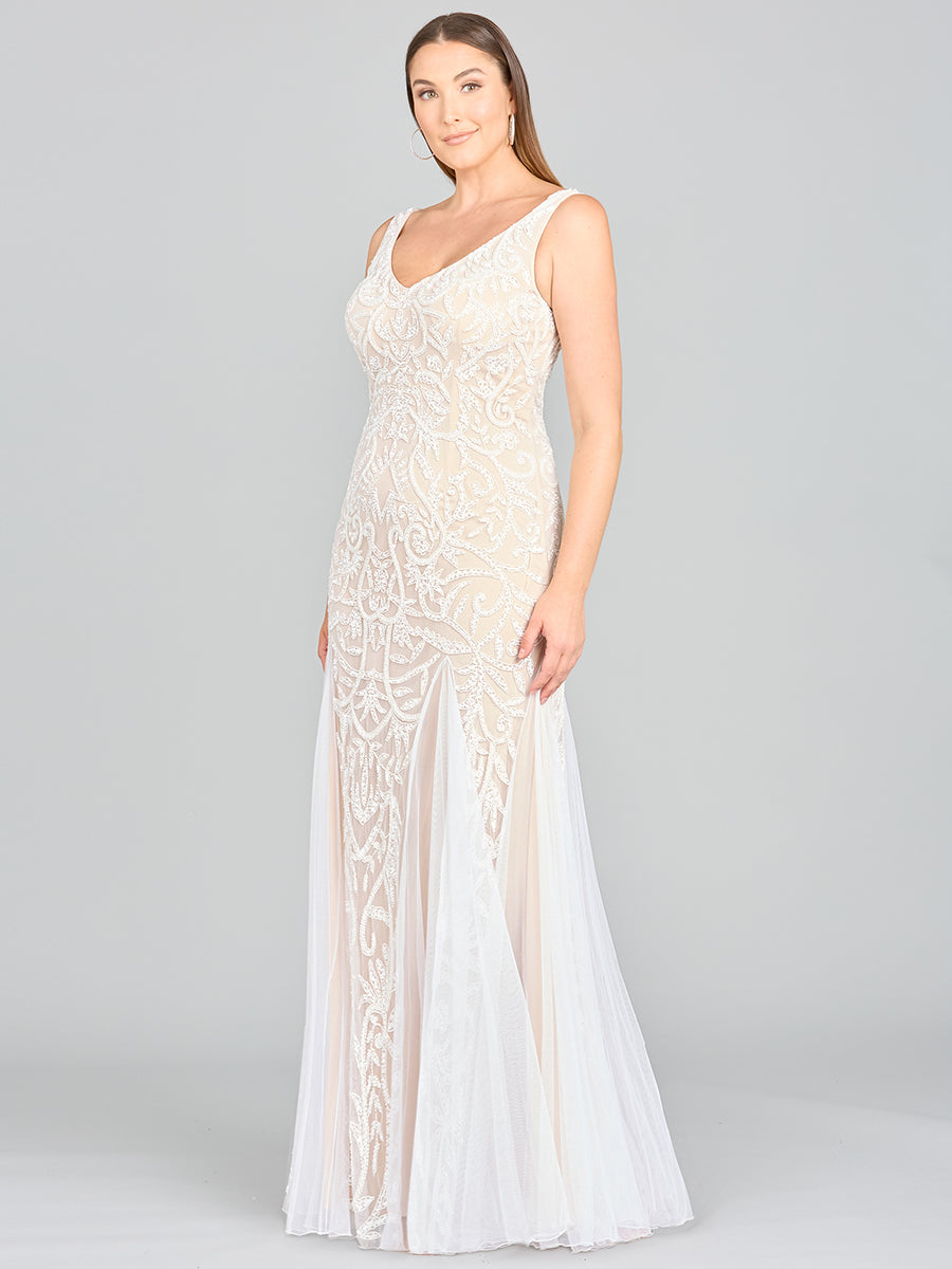 Lara Greta Beaded V-Neck Tulle Wedding Dress with Contrast Lining by Lara New York