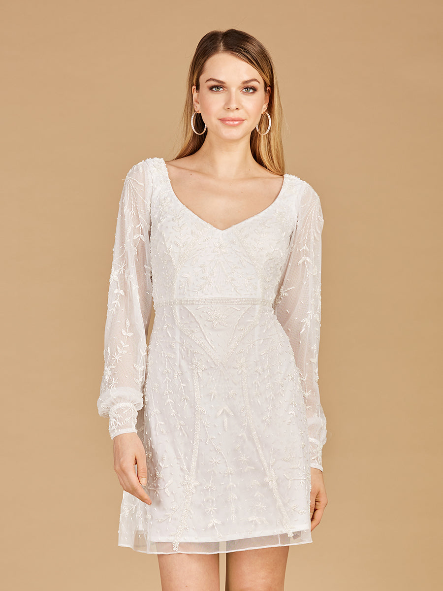 V-Neck, Long Sleeve Bridal Cocktail Dress by Lara New York