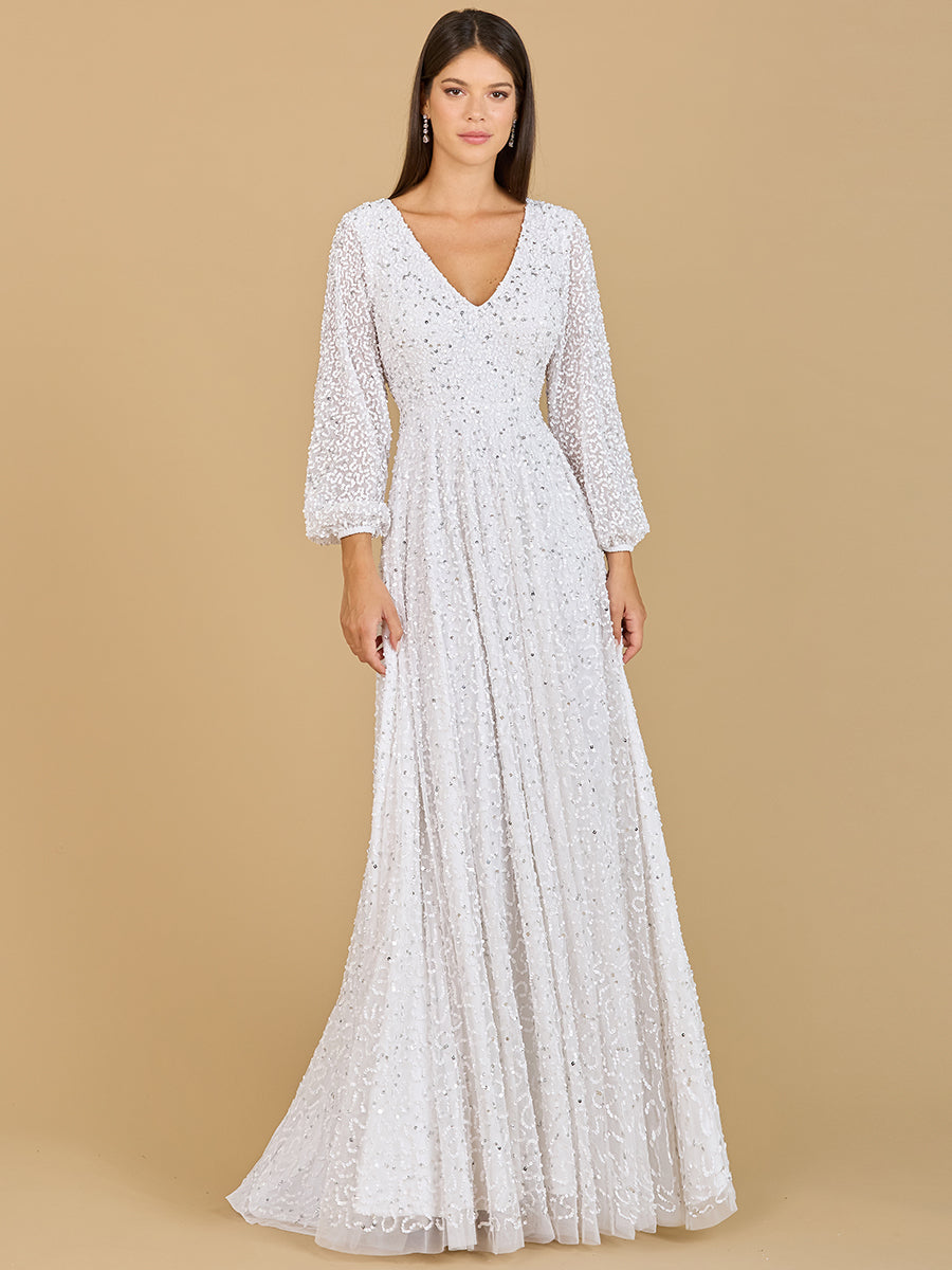 Long Sleeve, Beaded A-Line Bridal Dress by Lara New York