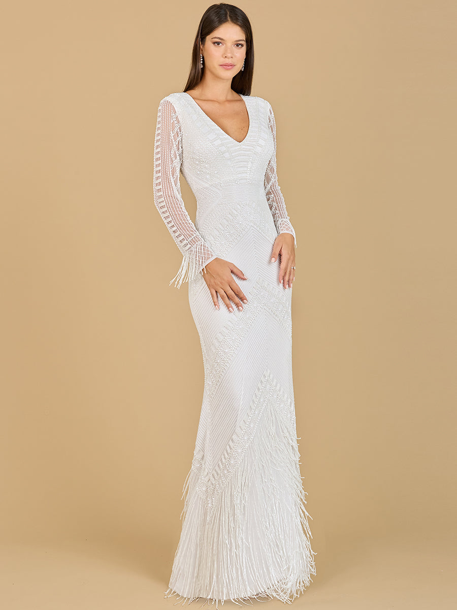 Long Sleeve Fringe Bridal Gown by Lara New York