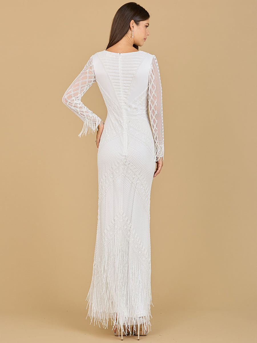 Long Sleeve Fringe Bridal Gown by Lara New York
