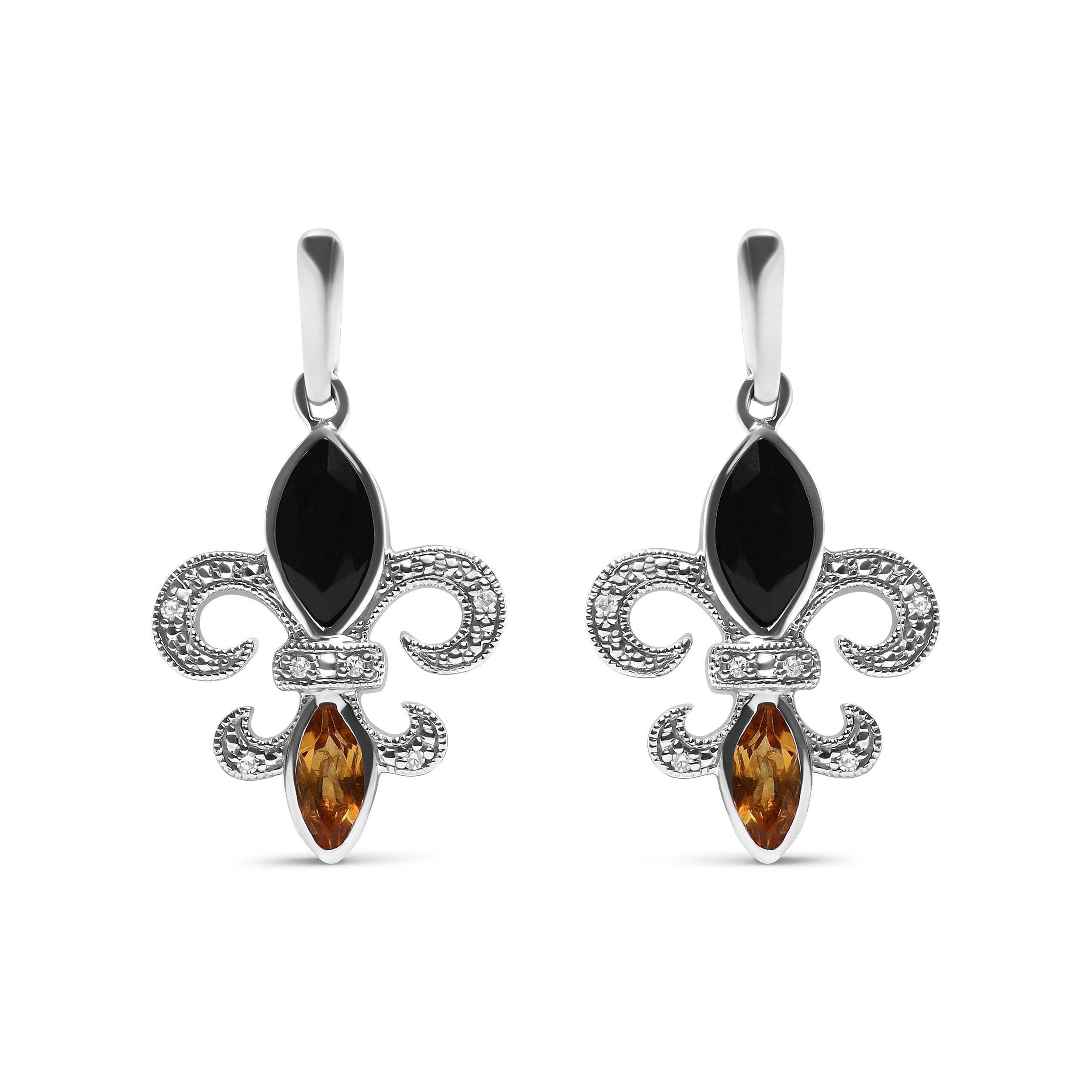 .925 Sterling Silver Marquise Cut Onyx and Citrine with Diamond Accent Fleur De Lis Drop Stud Earrings (H-I Color, SI1-SI2 Clarity) DestGlow