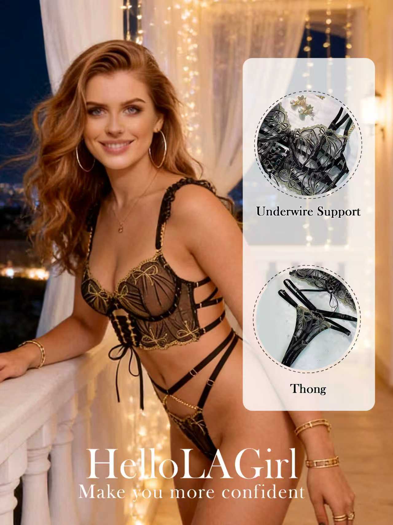 Black Gold-threaded Butterfly Bow Lingerie Set