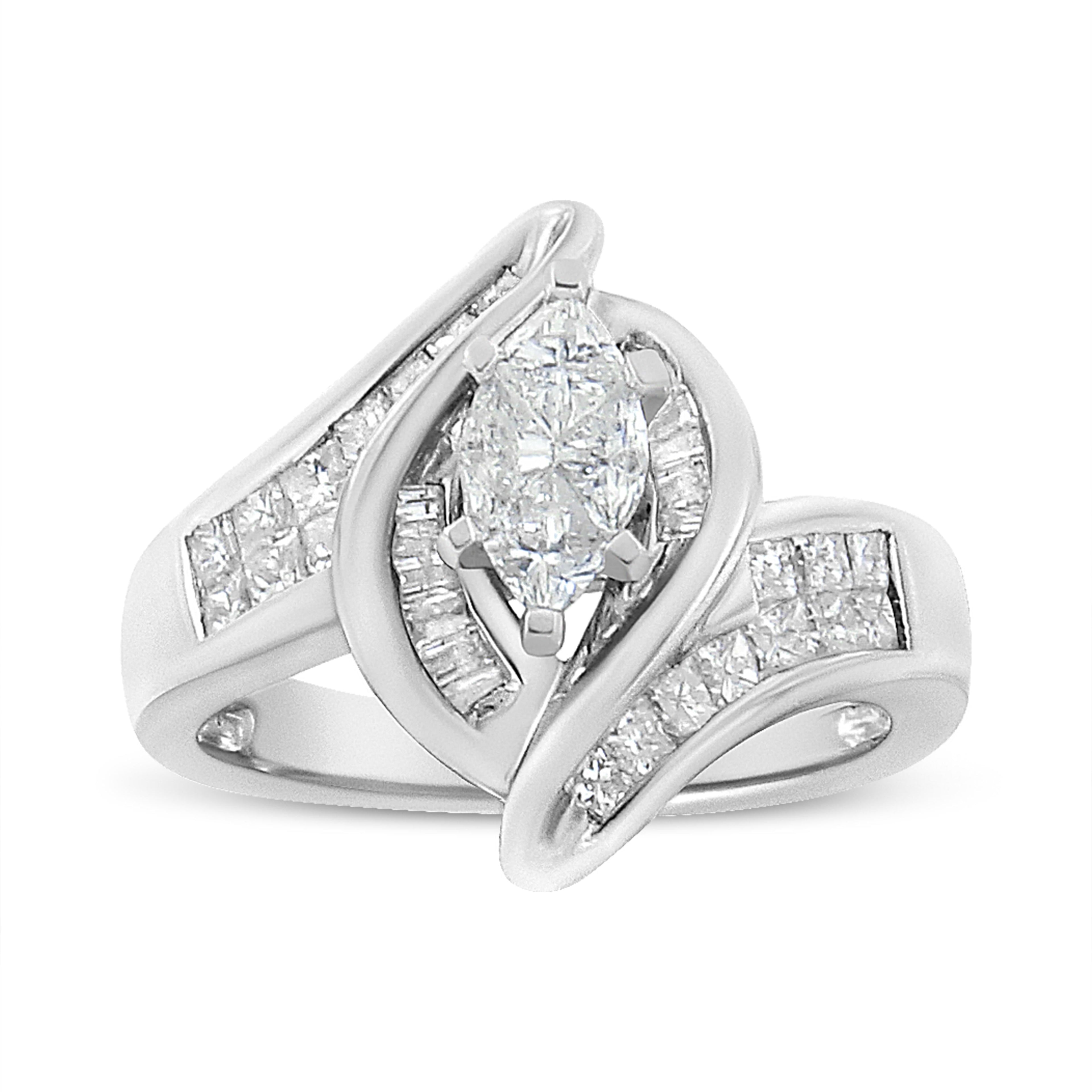 14K White Gold 1 1/4 Cttw Pie, Baguette and Princess cut Diamond Marquise Shape Engagement Cocktail Ring (H-I Color, SI2-I1 Clarity) DestGlow