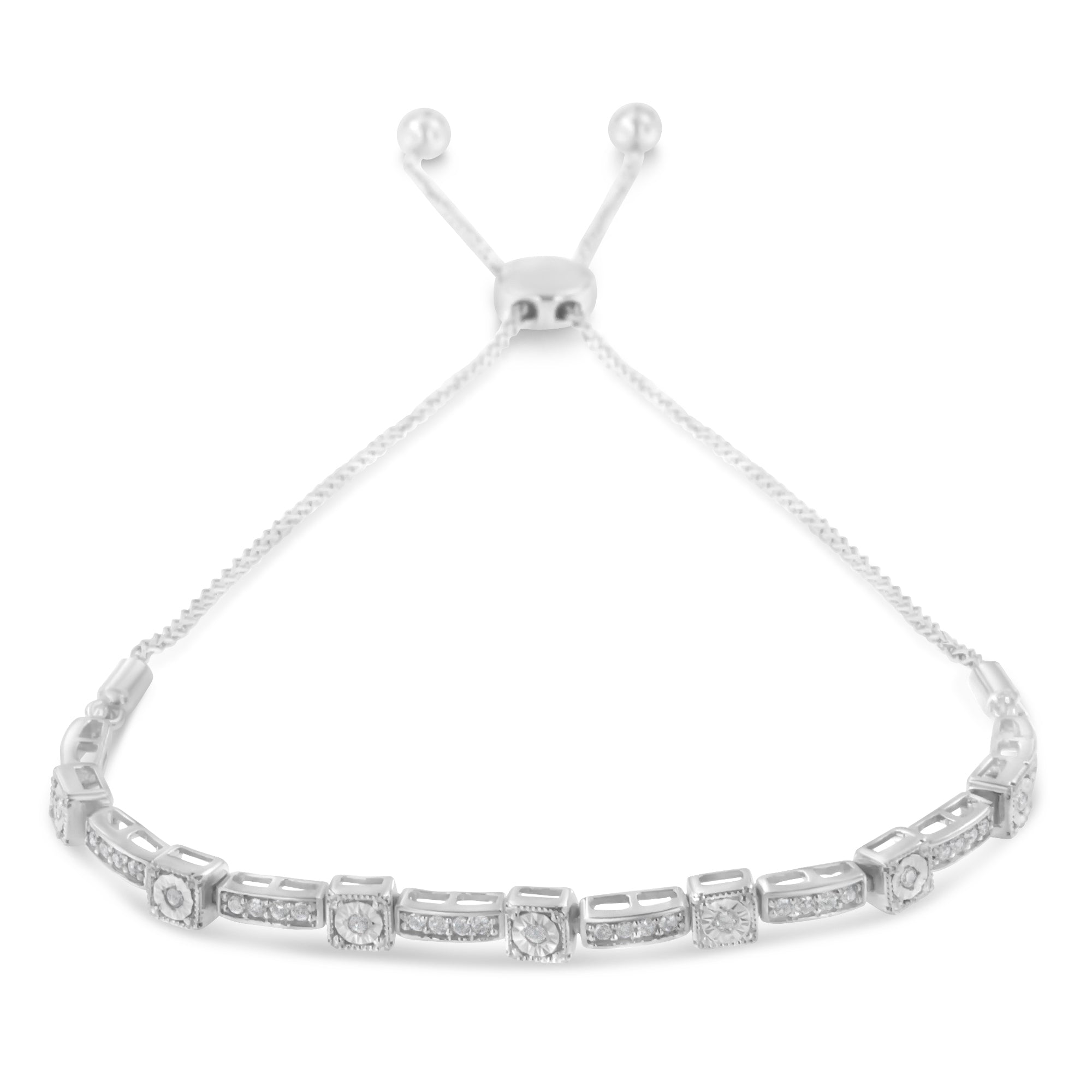 .925 Sterling Silver 1/4 Cttw Diamond 4â€-10†Adjustable Bolo Alternating Square and Rectangle Bolo Bracelet (I-J Color, I3 Clarity) DestGlow