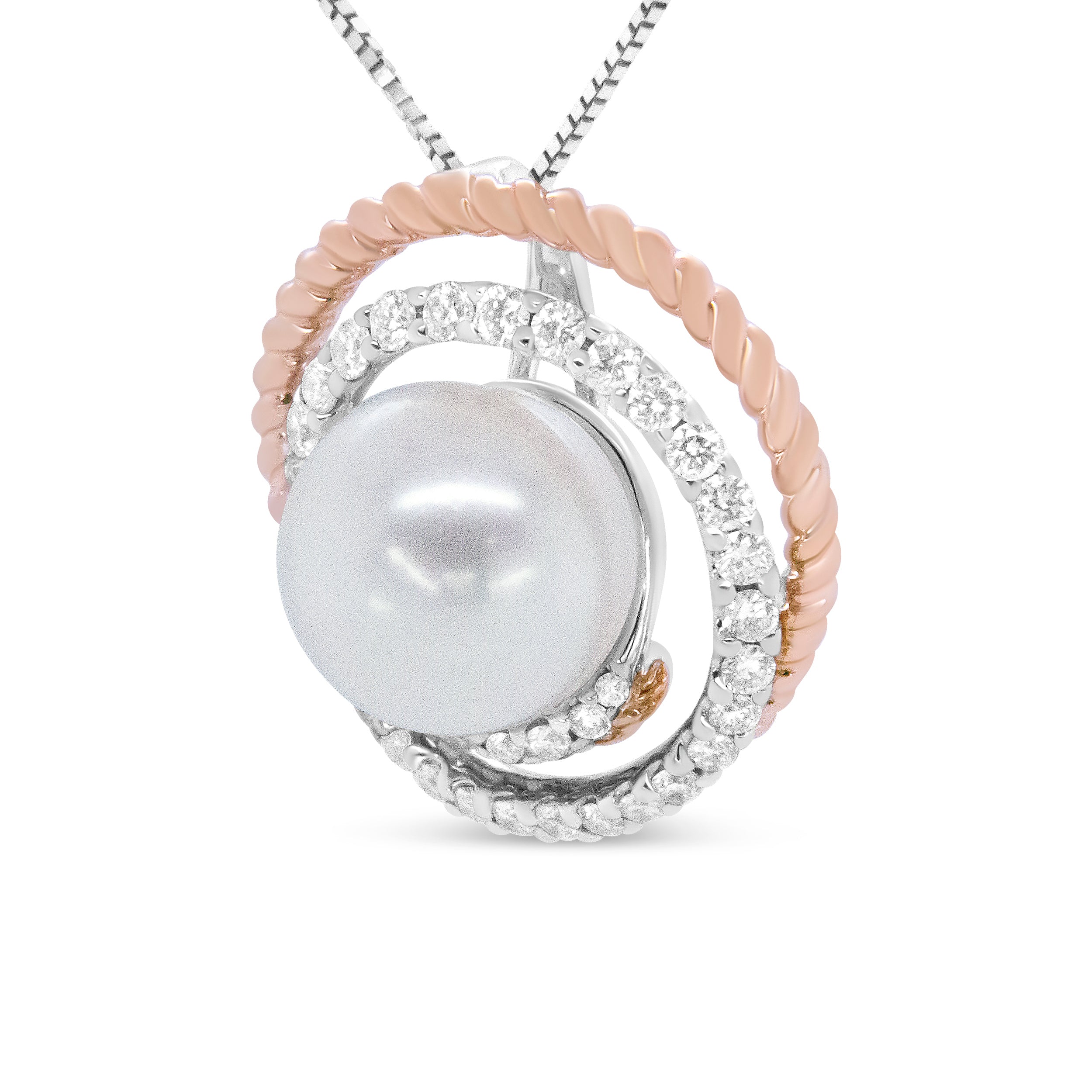 14K Rose and White Gold 3/8 Cttw Pave Diamond and 9mm Round Pearl Spiral Openwork 18" Pendant Necklace- (H-I Color, VS1-VS2 Clarity) DestGlow