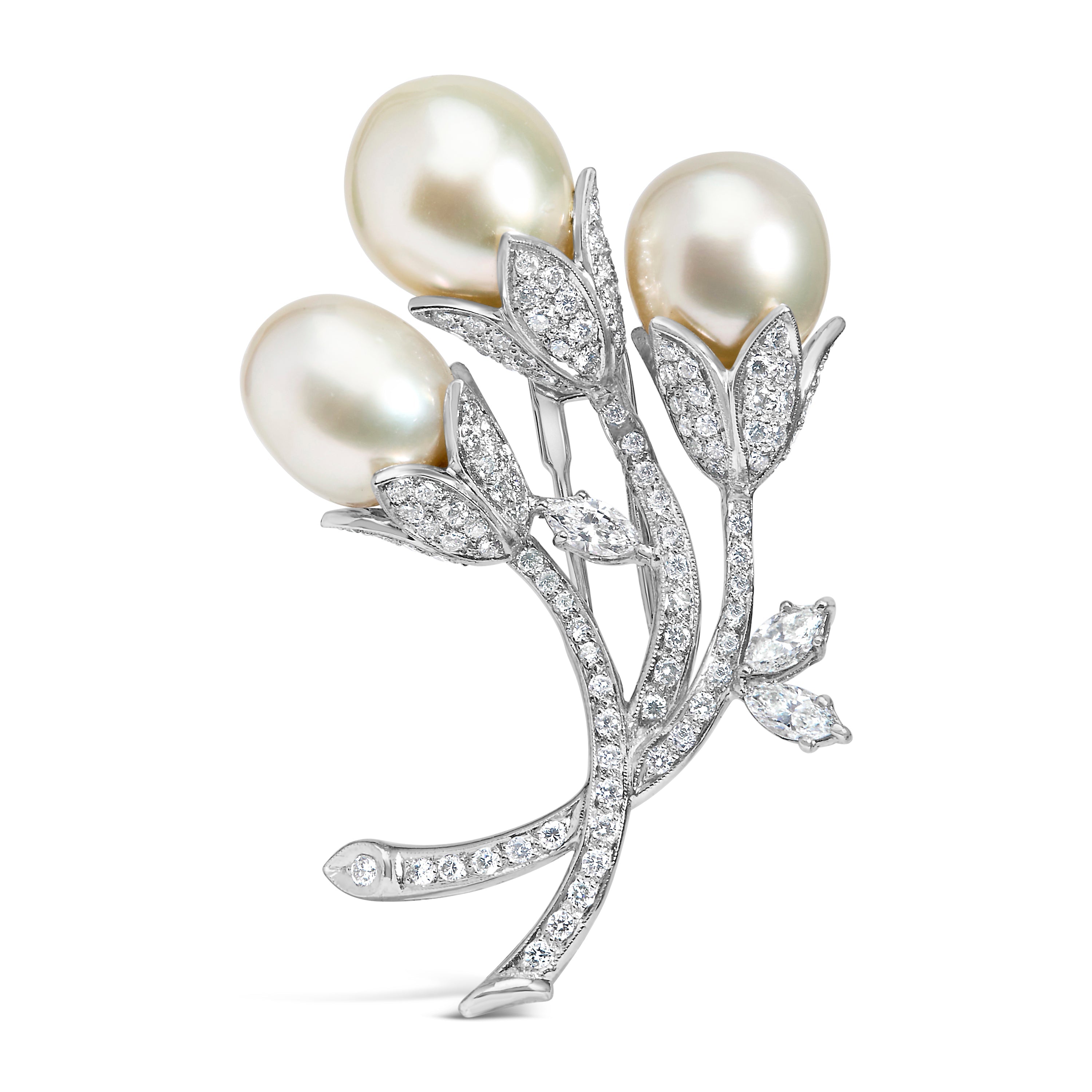 18K White Gold 2 1/5 Cttw Diamond and South Sea Pearl Floral Brooch Pin (G-H Color, VS1-VS2 Clarity) by Bids.com