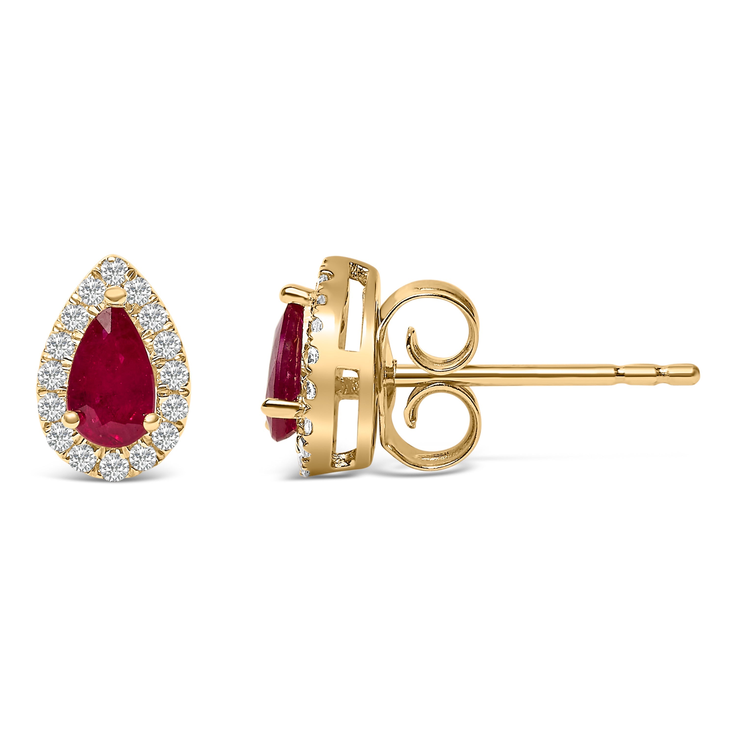10K Yellow Gold 5X3 MM Pear-Cut Ruby and 1/7 Cttw Diamond Halo Stud Earrings (I-J Color, I1-I2 Clarity) DestGlow