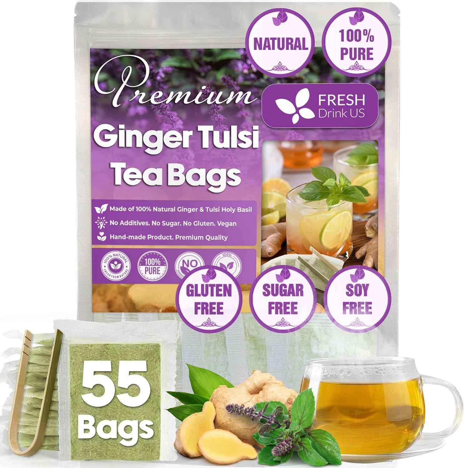 Premium Ginger Tulsi Tea Bags | Hand-made Blend of Ginger and Tulsi Holy Basil Leaves