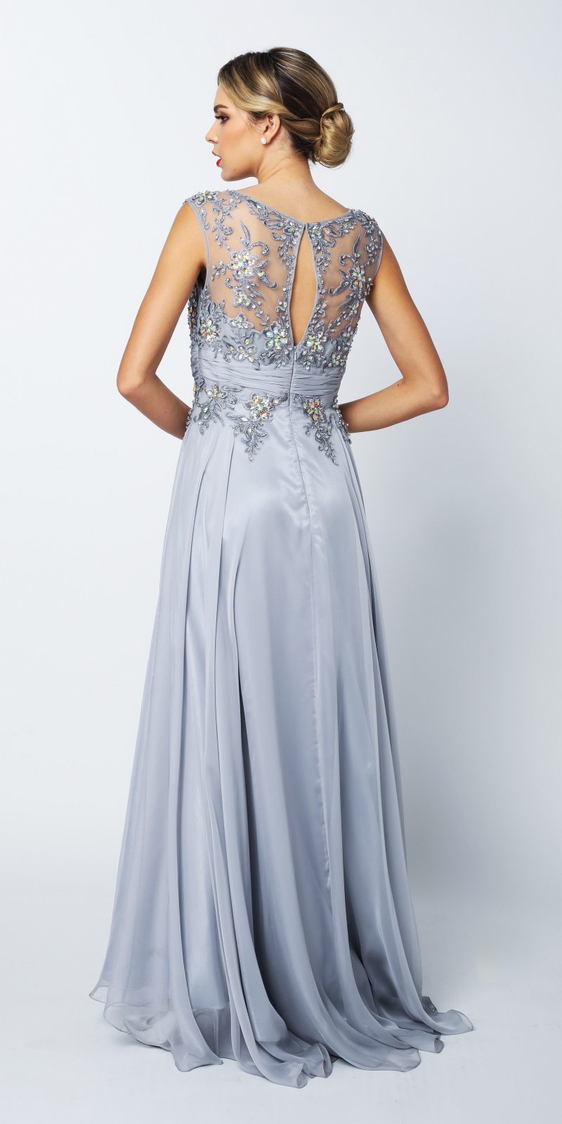 CLEARANCE - Juliet 552 Long Jewel Neckline Studded Bodice Silver A-Line Gown (Size M) by DiscountDressShop