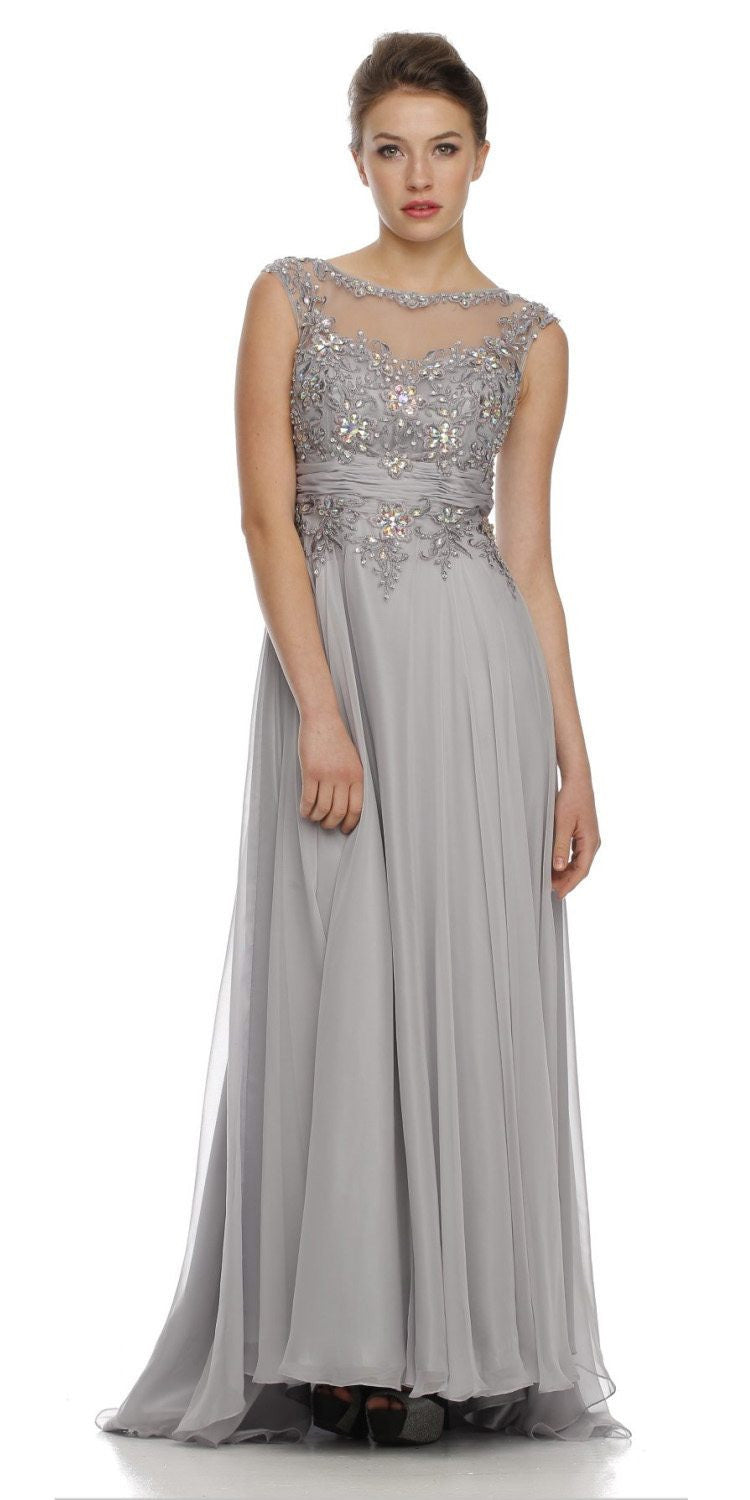 Juliet 552 Long Jewel Neckline Studded Bodice A-Line Gown by DiscountDressShop
