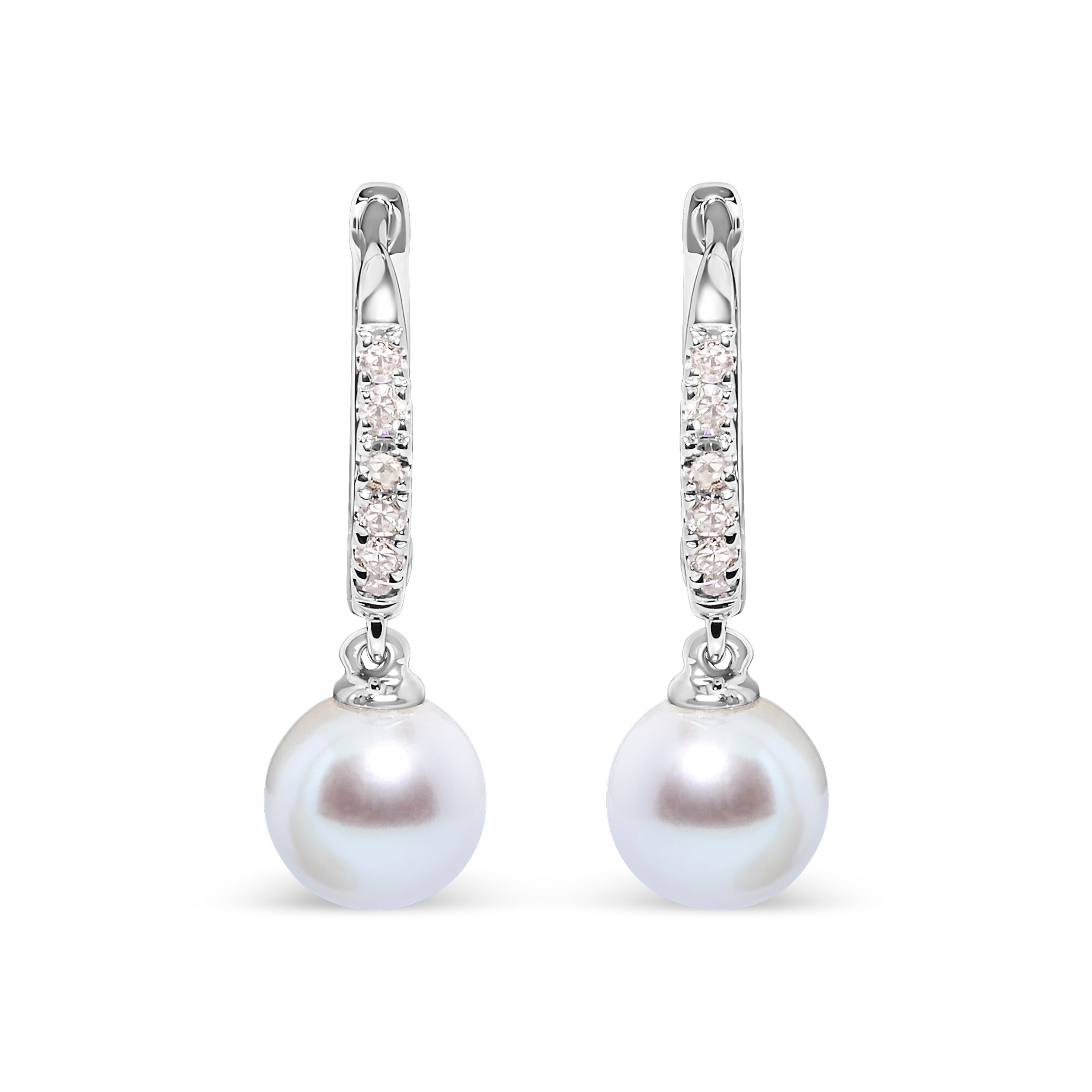10K White Gold 6x6 MM Cultured Freshwater Pearl and Diamond Accent Drop Huggy Earring (H-I Color, I1-I2 Clarity) DestGlow