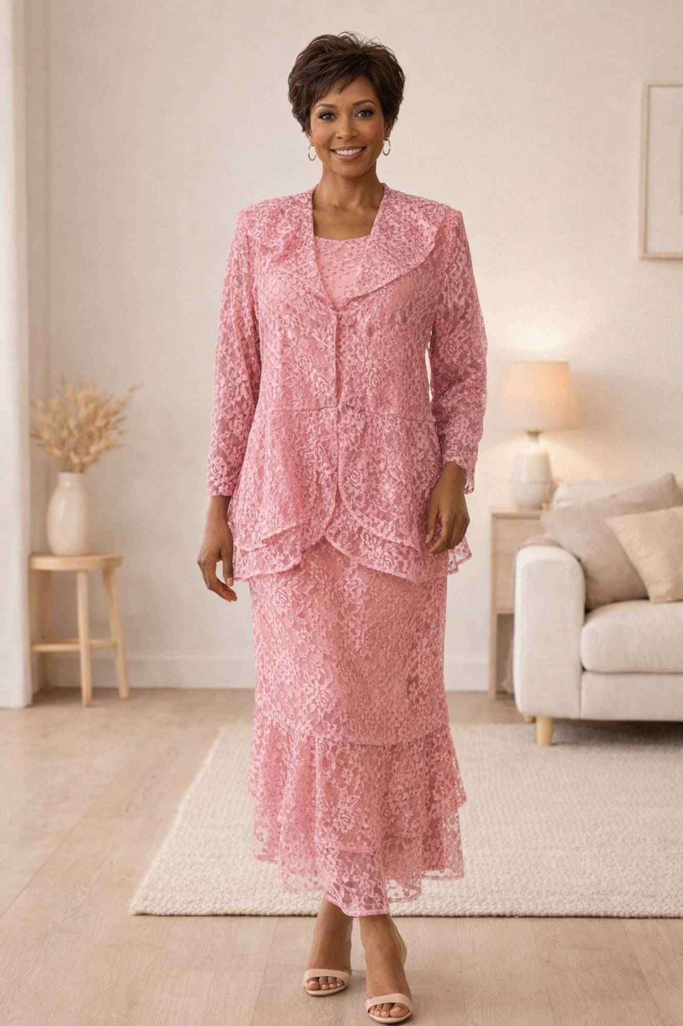 CLEARANCE - Hosanna 5616 Modest 3-Piece Set Ankle Length Lace Pink Dress (Size XL) by DiscountDressShop