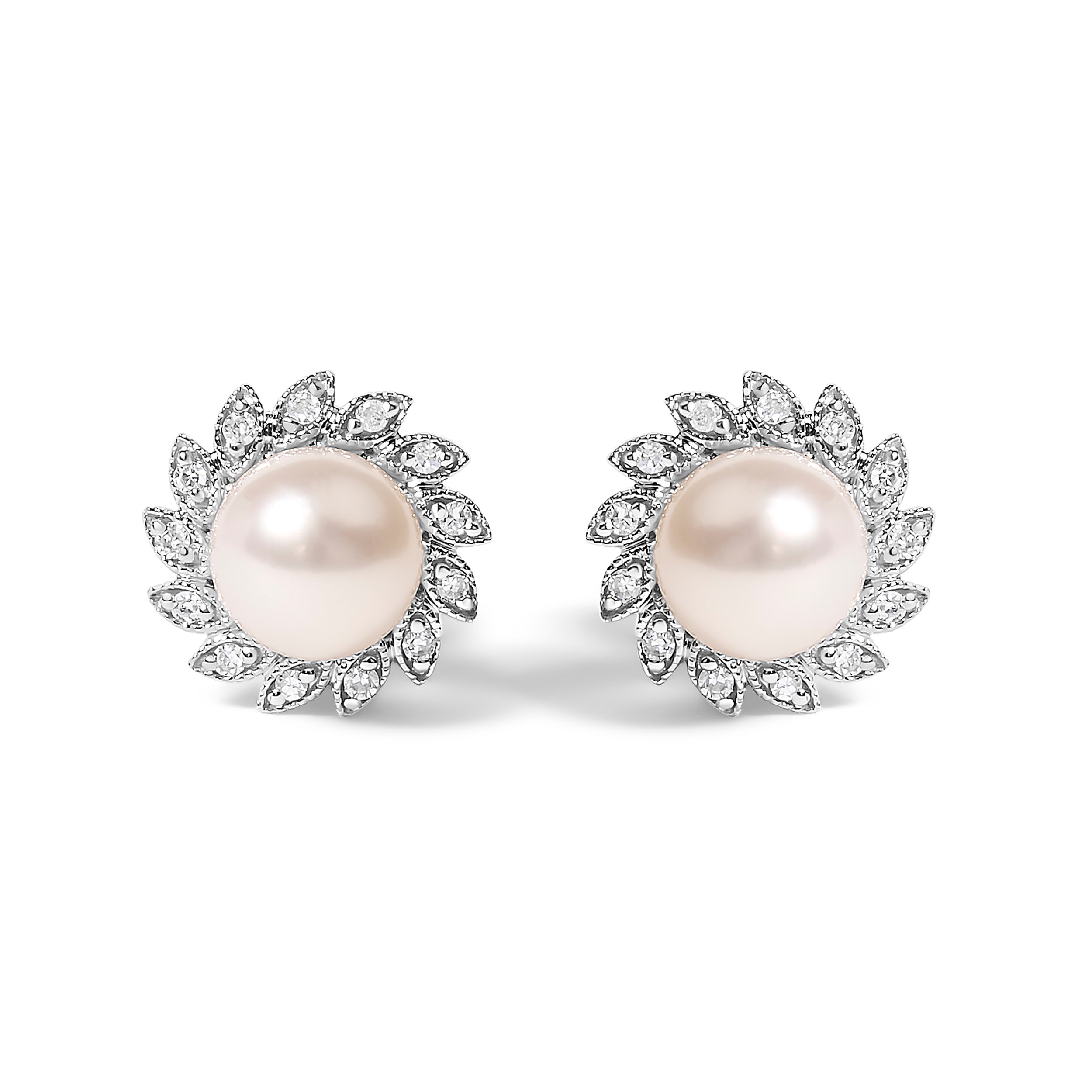 10K White Gold Heirloom-Style Pearl and Diamond Accent Halo Stud Earrings (I-J color, I1-I2 Clarity) by Bids.com
