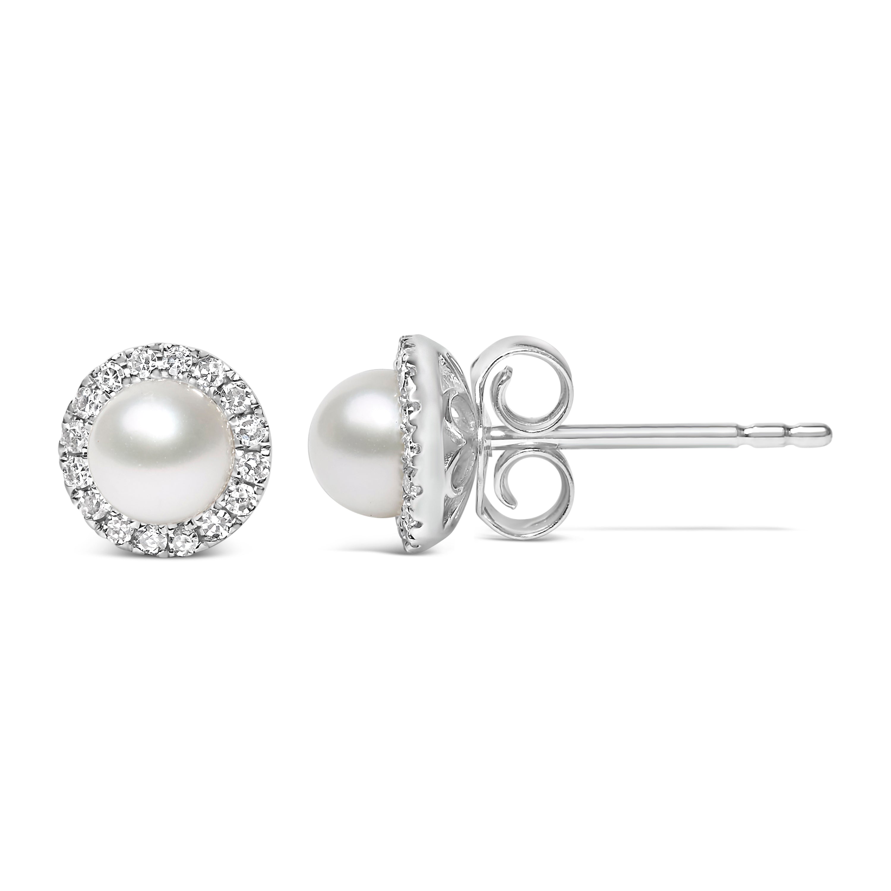10K White Gold 4.5mm Cultured Freshwater Pearl and 1/7 Cttw Diamond Halo Stud Earring (I-J Color, I1-I2 Clarity) DestGlow