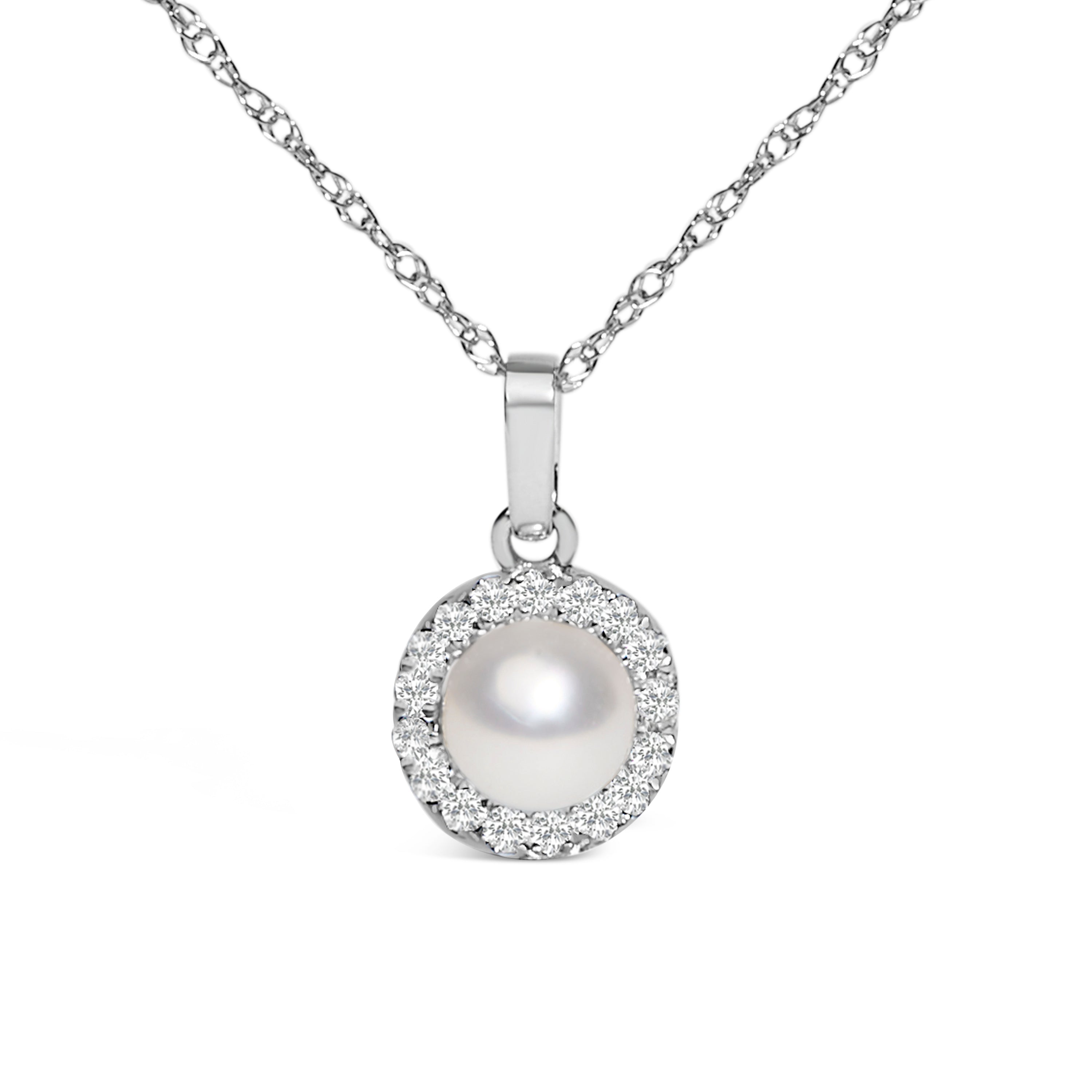 10K White Gold 5MM Cultured Pearl and Diamond Accent Halo Pendant Necklace by Bids.com