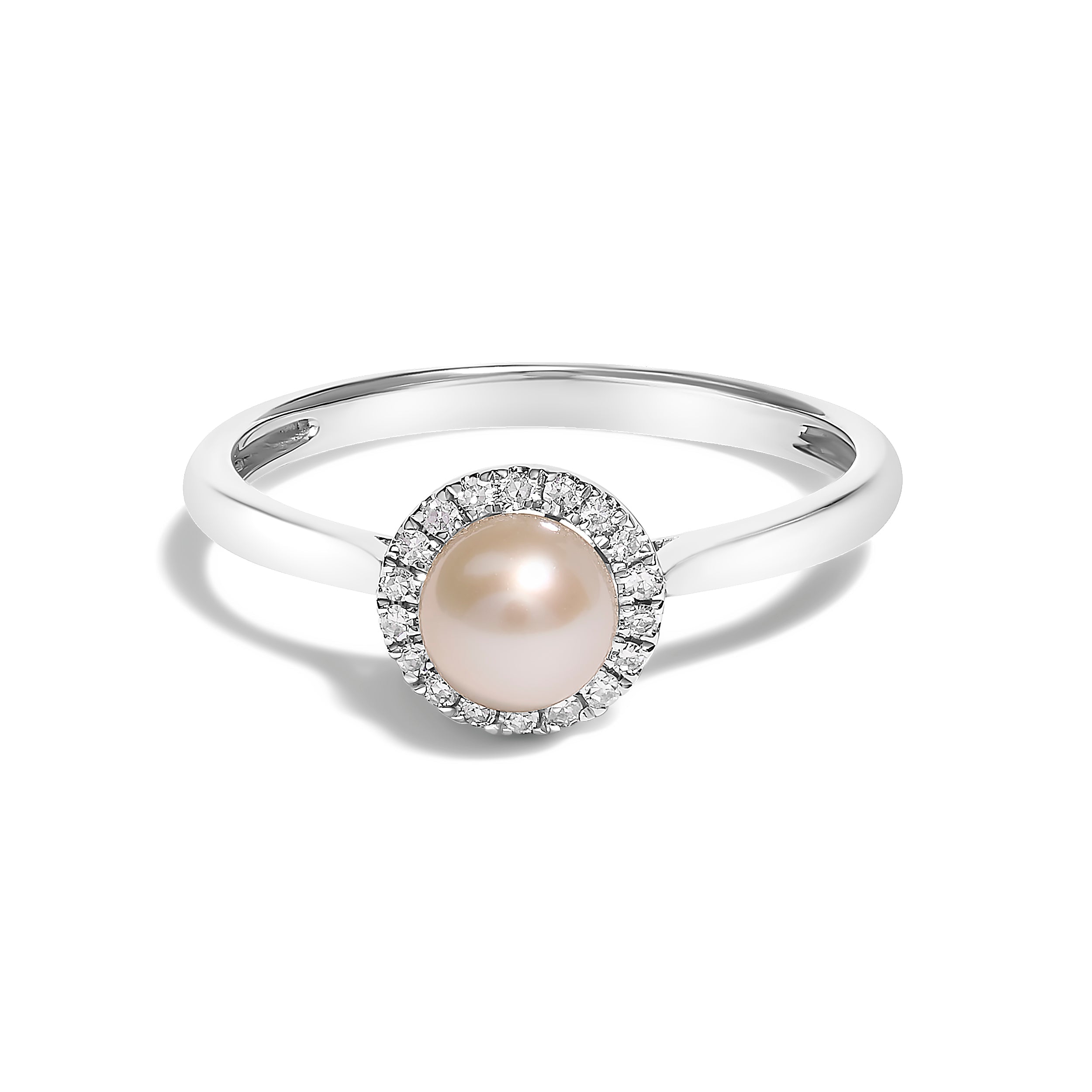 10K White Gold 5MM Cultured Freshwater Pearl and Diamond Halo Ring (I-J Color, I1-I2 Clarity) - Ring Size 6.5 DestGlow