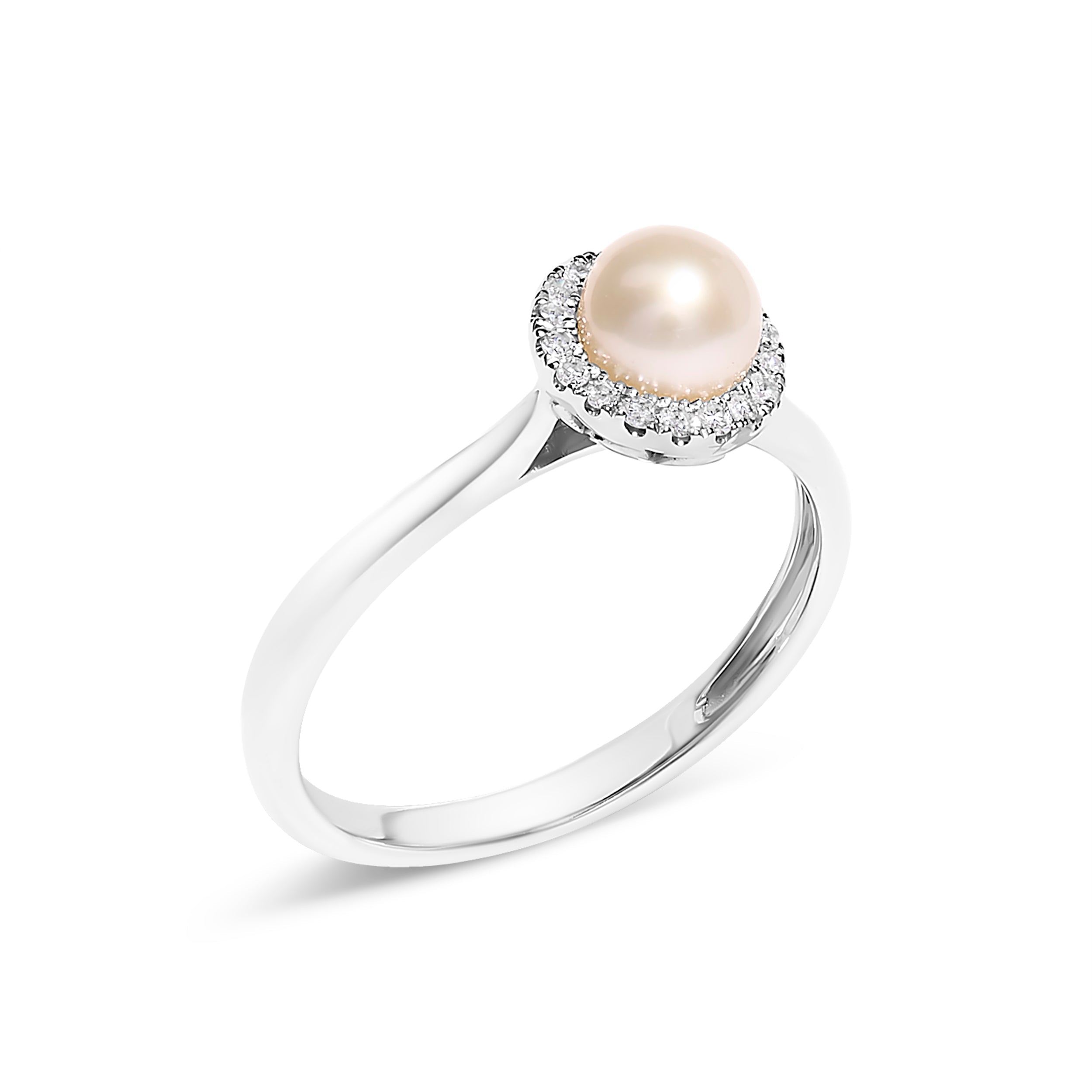 10K White Gold 5MM Cultured Freshwater Pearl and Diamond Halo Ring (I-J Color, I1-I2 Clarity) - Ring Size 6.5 DestGlow