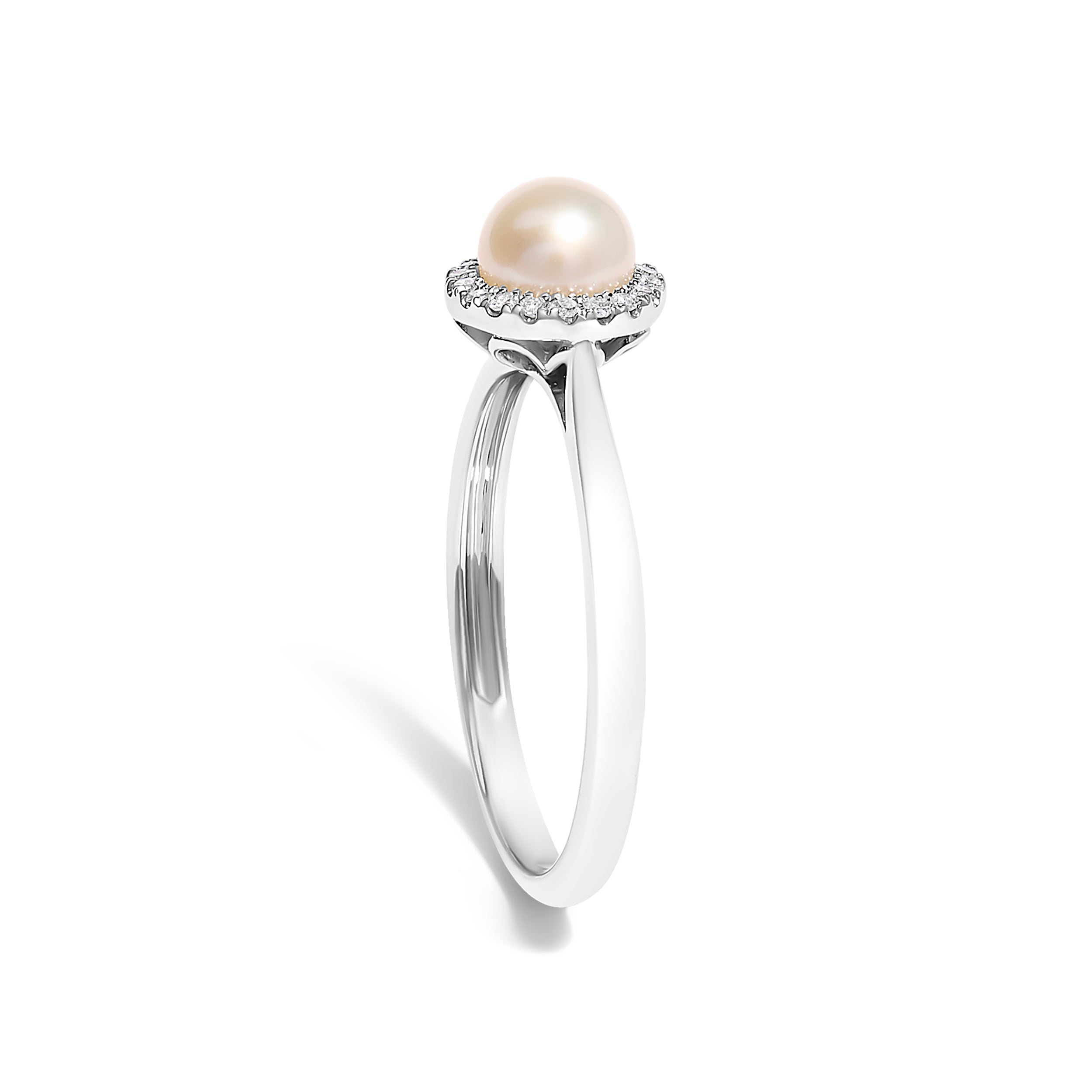 10K White Gold 5MM Cultured Freshwater Pearl and Diamond Halo Ring (I-J Color, I1-I2 Clarity) - Ring Size 6.5 DestGlow