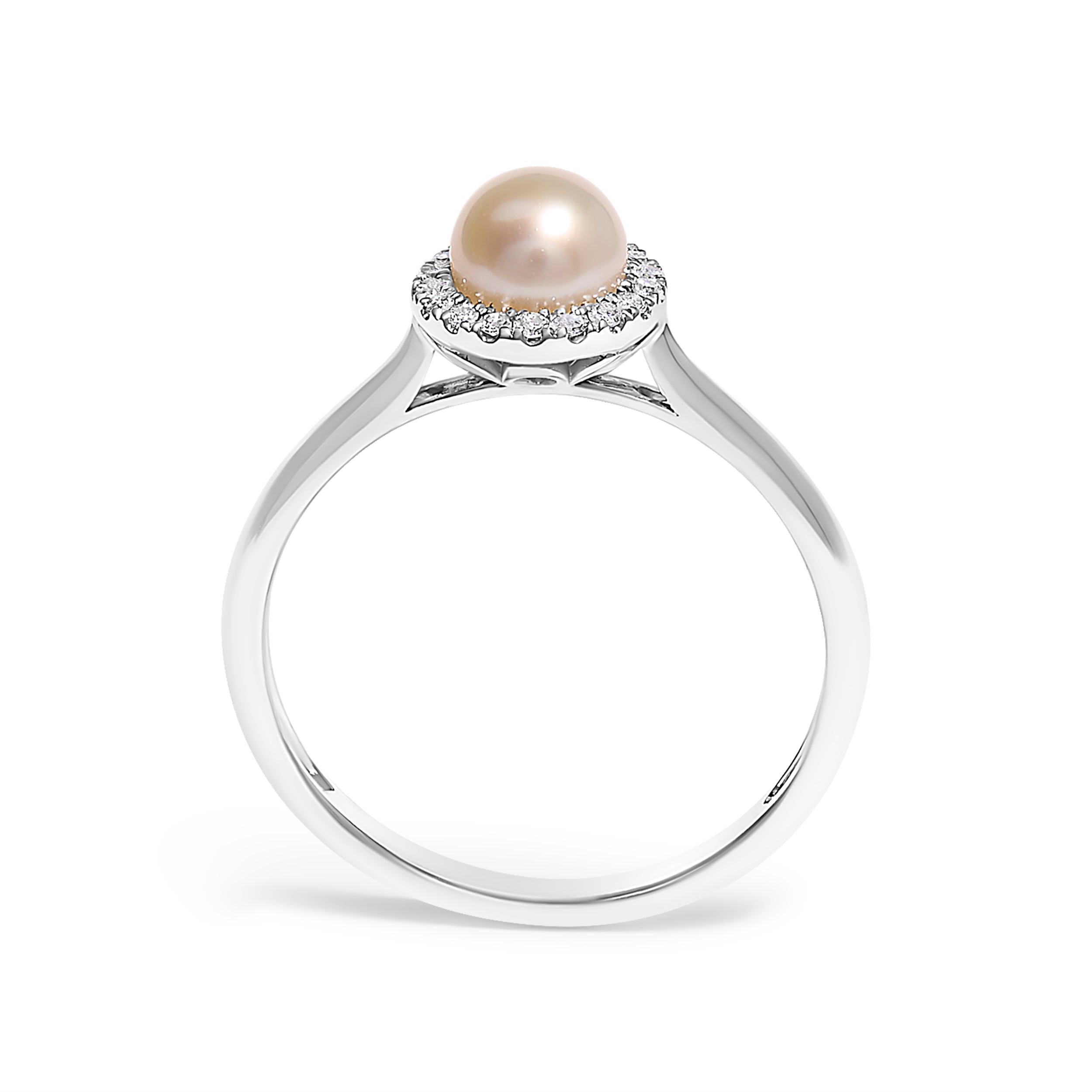 10K White Gold 5MM Cultured Freshwater Pearl and Diamond Halo Ring (I-J Color, I1-I2 Clarity) - Ring Size 6.5 DestGlow