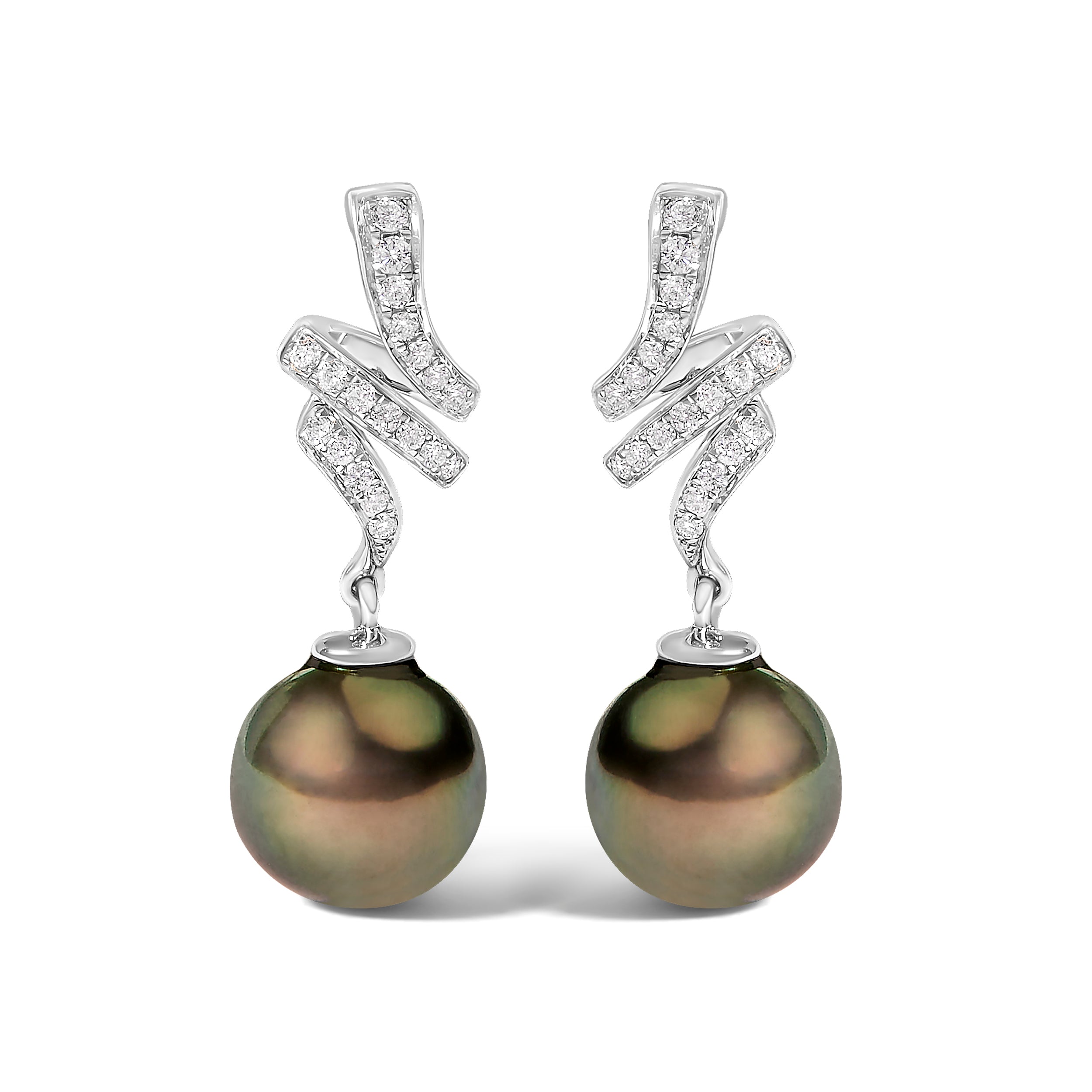 14K White Gold 9MM Cultured Black Pearl and Diamond Accent Drop and Dangle Earrings (I-J Color, SI1-SI2 Clarity) DestGlow