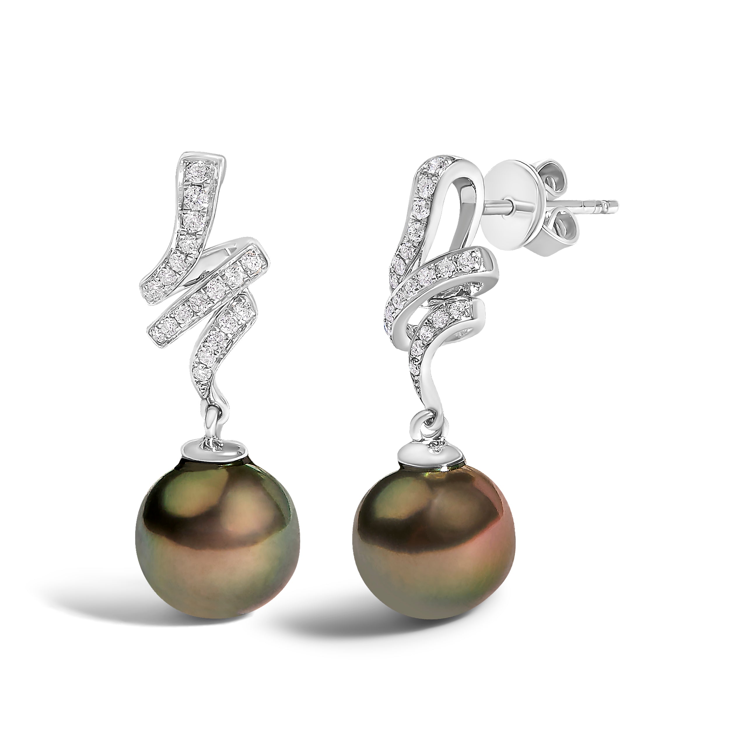 14K White Gold 9MM Cultured Black Pearl and Diamond Accent Drop and Dangle Earrings (I-J Color, SI1-SI2 Clarity) DestGlow